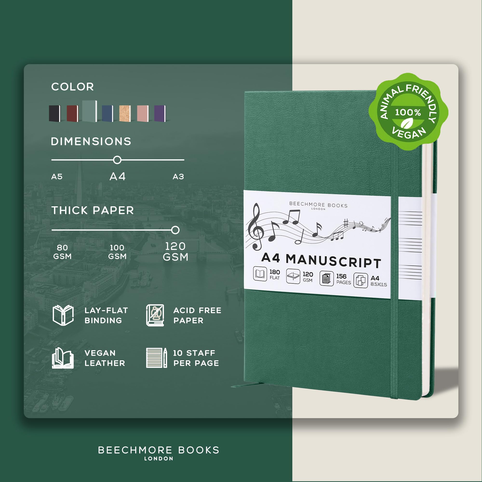 Beechmore Books Quaderno musica A4 (21,6 x 29 cm) – 156 pagine, 120 g/m² | Copertina rigida similpelle, righe musicali perforate, apertura piatta, confezione regalo per musicisti e studenti