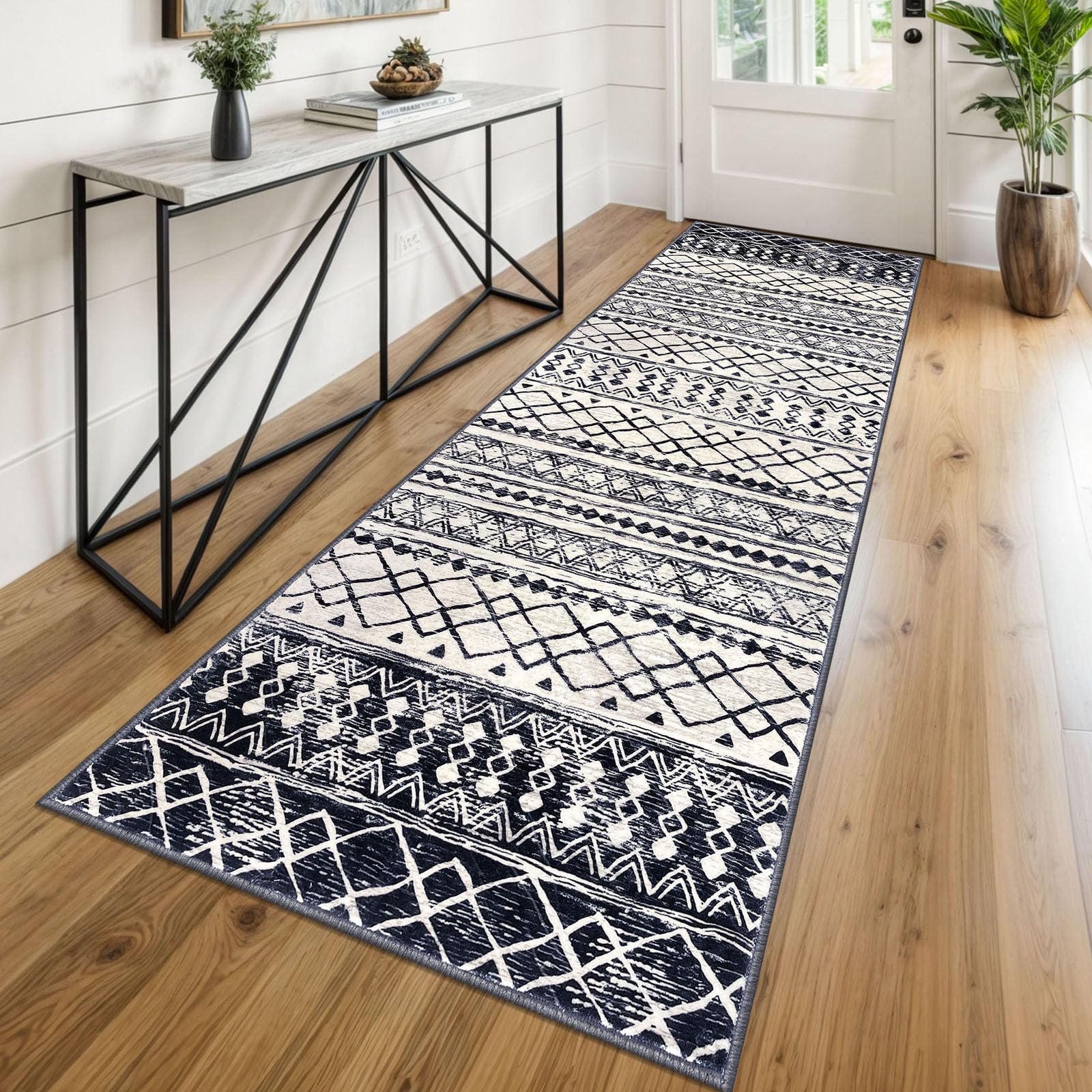 KUTA Moroccan Washable Runner Rug 2.6x8, Non-Slip Vintage Black Navy Blue Boho Hallway Runners Rugs Ultra Soft Print Distressed Geometric Floor Carpet