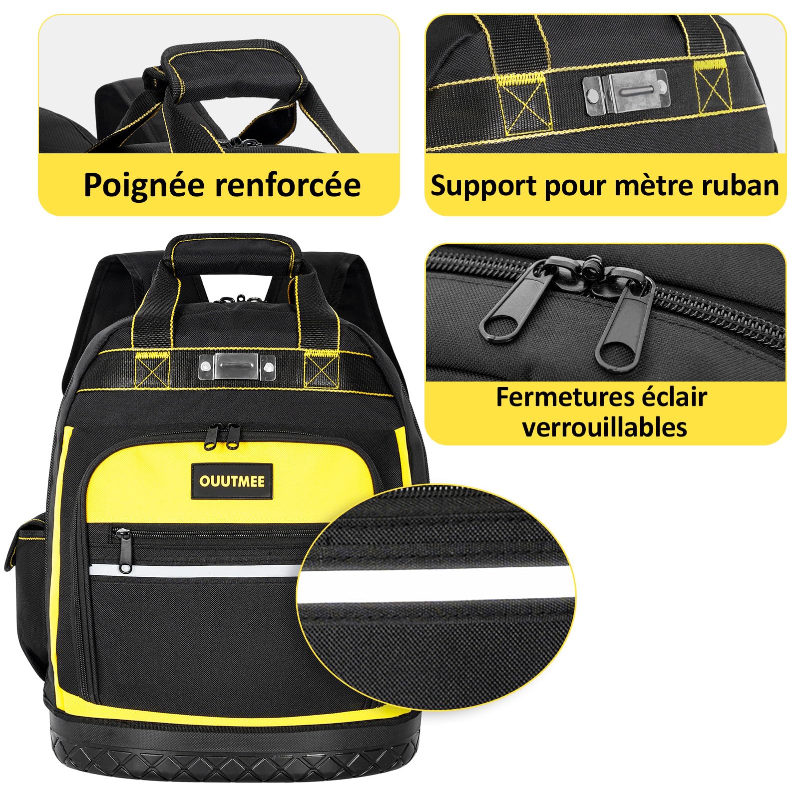 OUUTMEE Sac à Dos à Outils avec Base en Caoutchouc ABS, Sac à Outils Robuste avec Poches Multiples, Sacs Porte-Outils avec Bandoulière et Sangle de Taille pour Électriciens et Construction (Jaune)