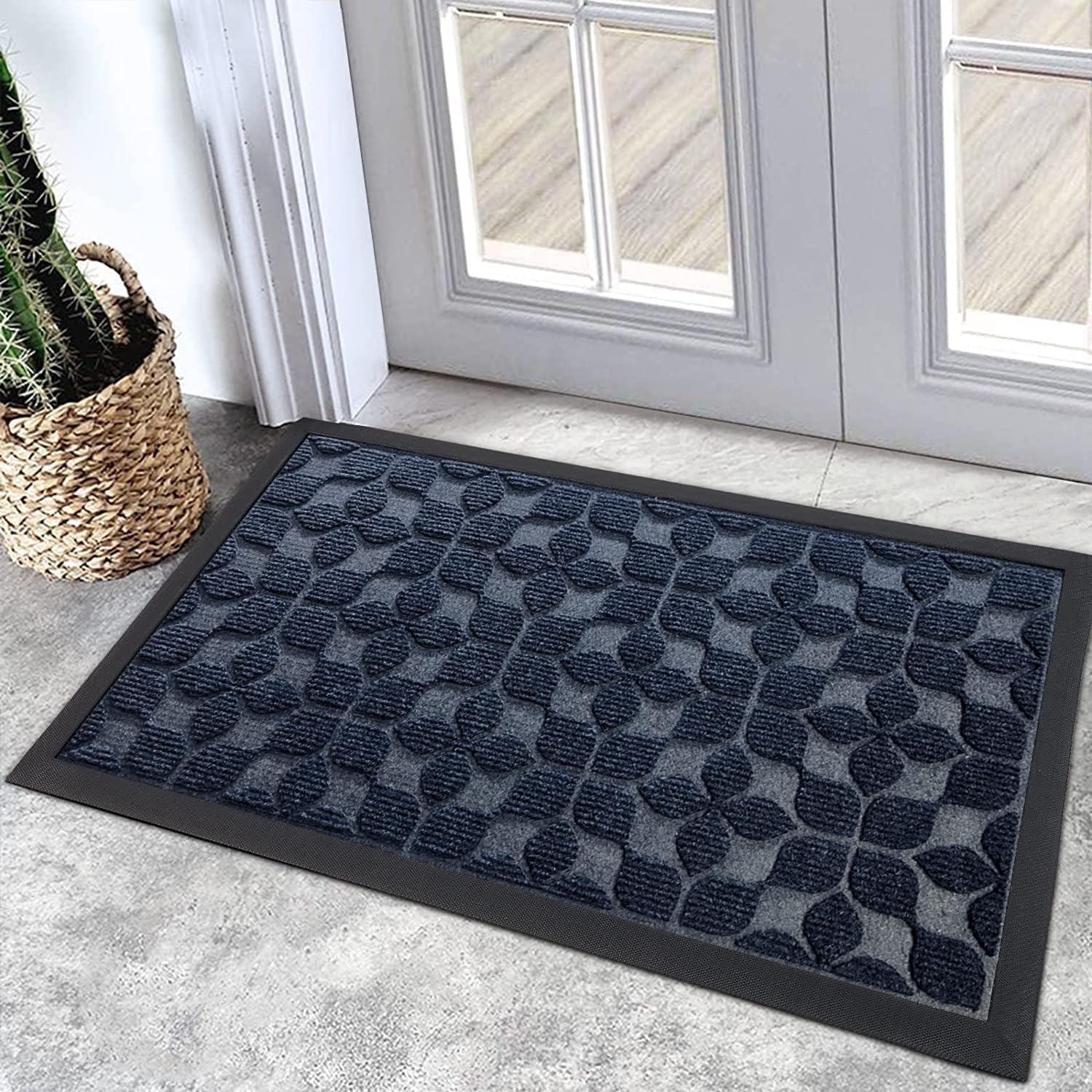Bulijojo Outdoor Indoor Entrance Doormats,Durable Heavy Duty Welcome Mat,Thick Absorbent Natural Rubber Non Slip Mat,Easy Clean Entryway Rug Geometric Blue 23"x35"