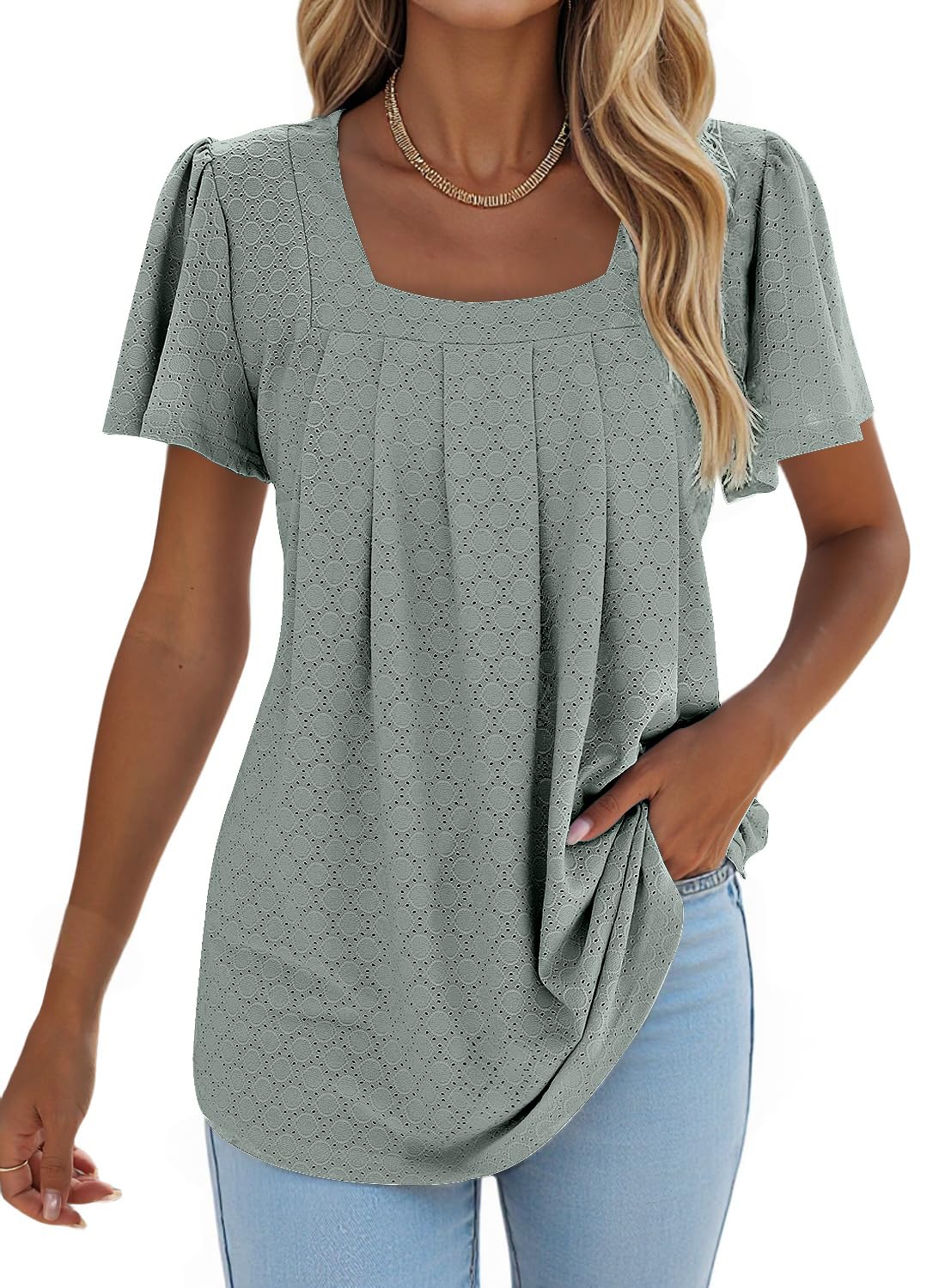 isermeo Summer Tops for Women Pleated Square Neck Ruffle Sleeve Shirts Casual Loose Flowy Curved Hem Tunic S-XXL
