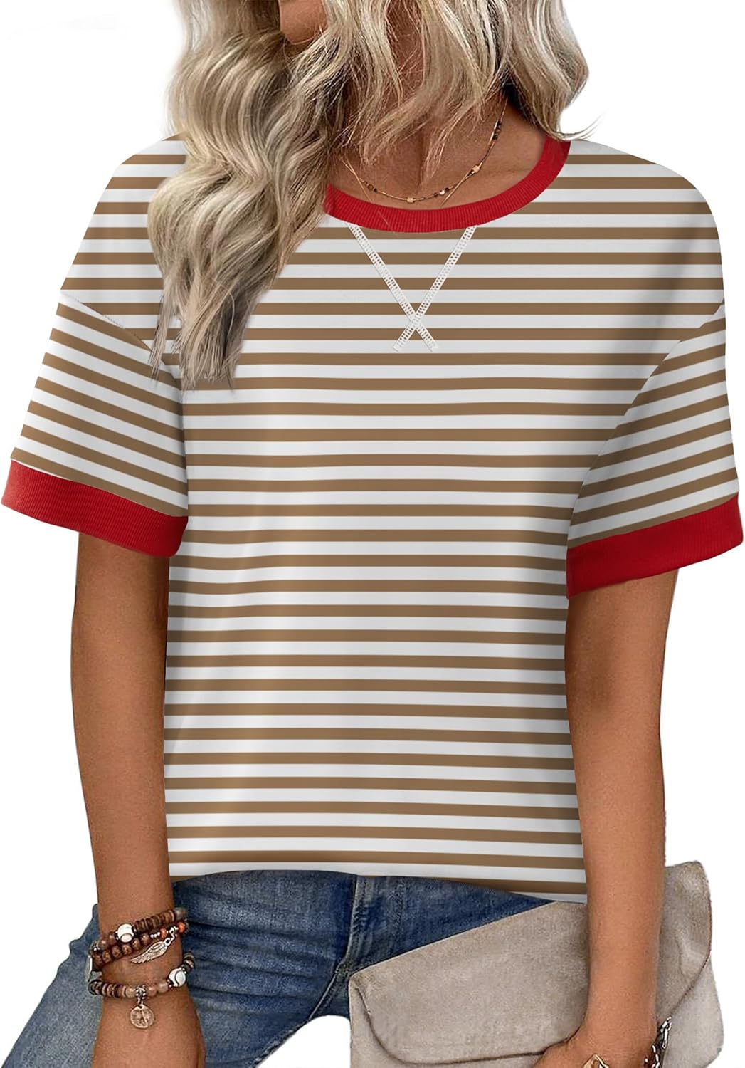 Zeagoo Womens Tops Casual Oversized Short Sleeve Sweatshirt Summer Striped Shirt Crewneck Pullover Loose T Shirts Blouse
