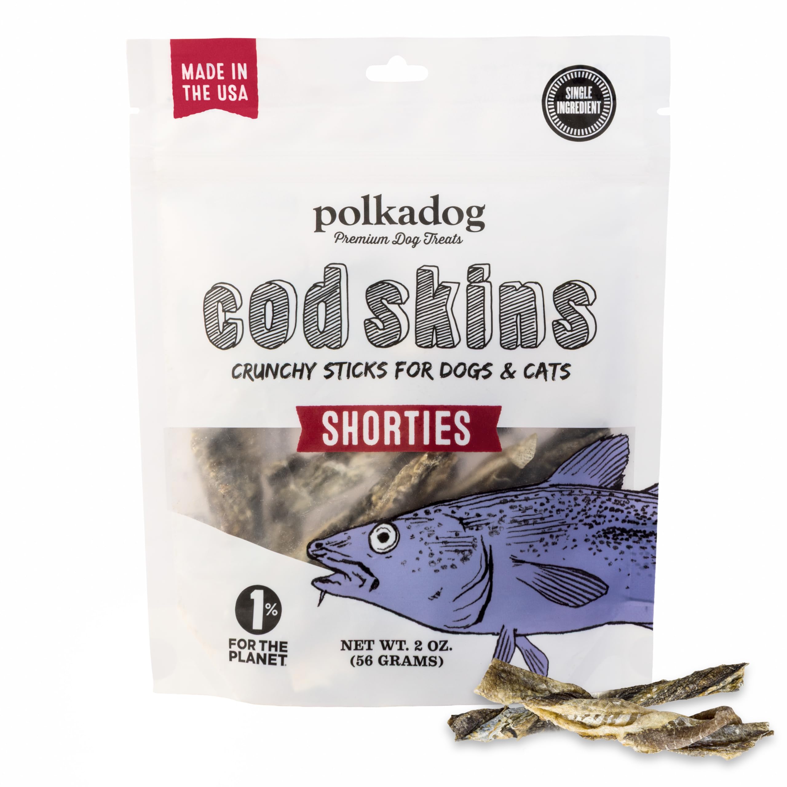 Polkadog Cod Skins for Dogs (2oz Shortie) - Single Ingredient, Wild-Caught Fish Skin Dog Treats for All Breeds – High in Lean Protein & Omega-3. Hypoallergenic, Grain Free. Handcrafted & Made in USA