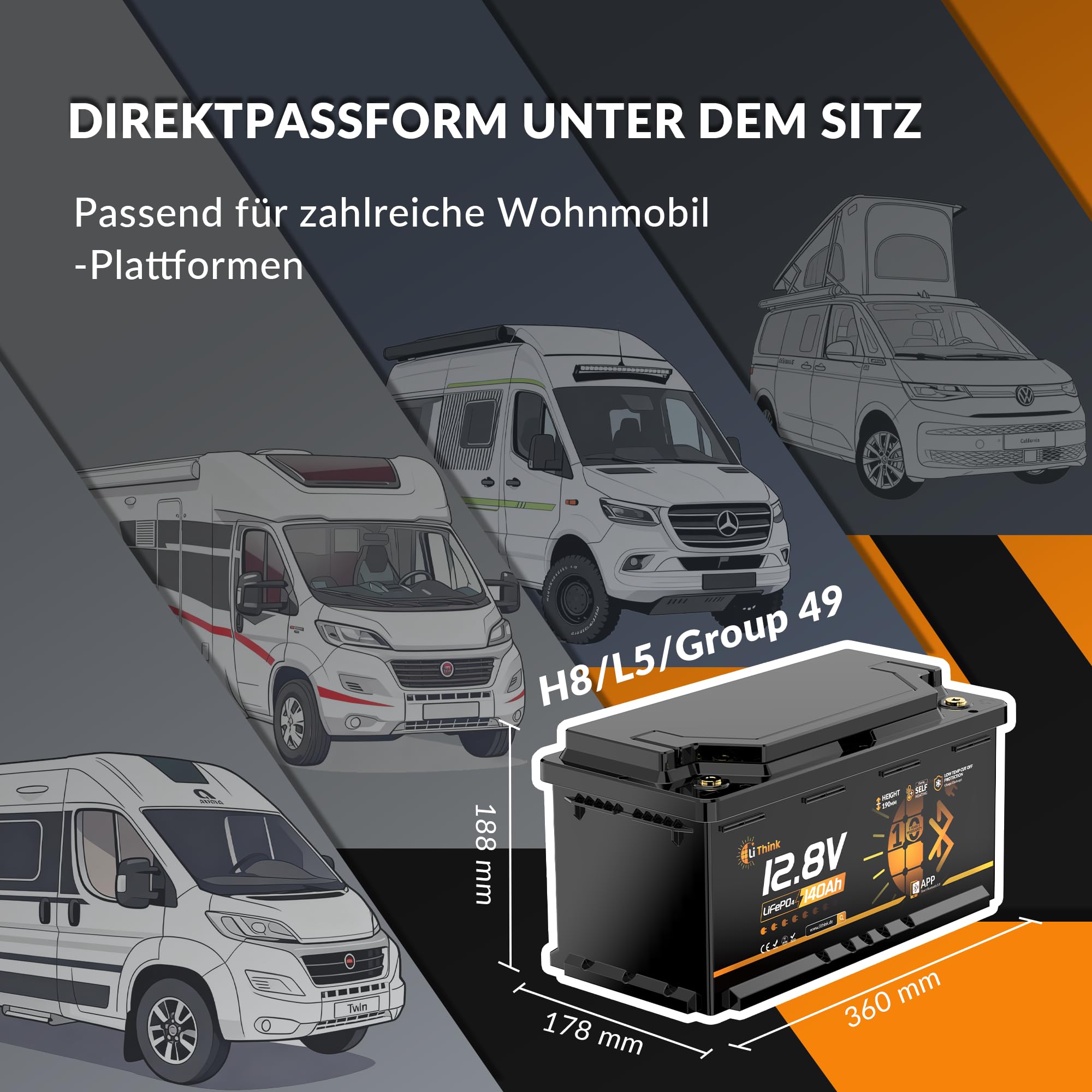 LiFePO4 12V 140Ah H190 Lithium Batterie Bluetooth mit 200A BMS LTP&Heizfunktion DIN H8 L5 Größe, 1792Wh Lithium Batterie Autobatterie für Wohnmobil,Wohnwagen,Boot CB/IEC 62619 ECE R10