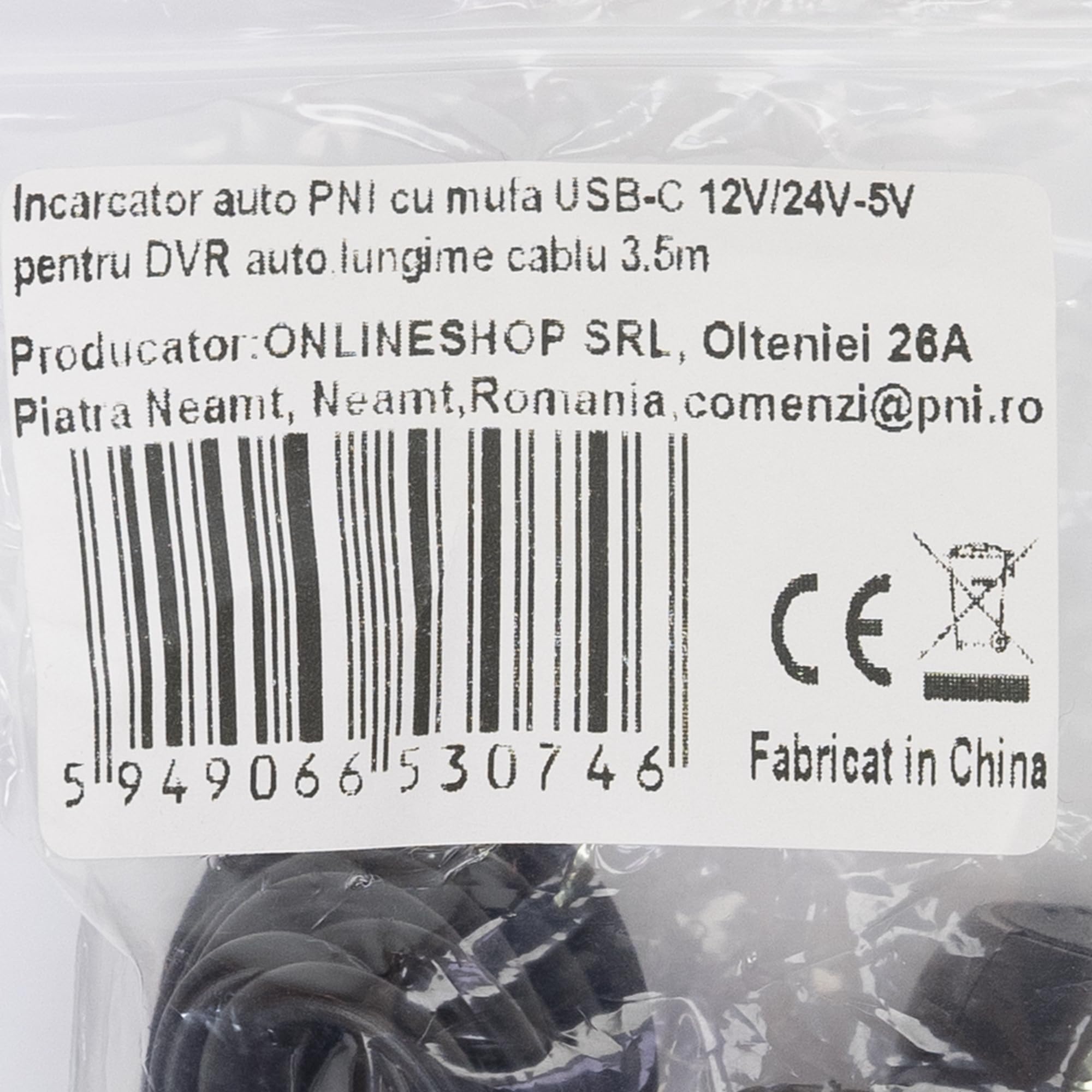 Ładowarka samochodowa PNI z wtyczką USB-C 12V/24V - 5V, do rejestratora samochodowego, długość kabla 3,5m