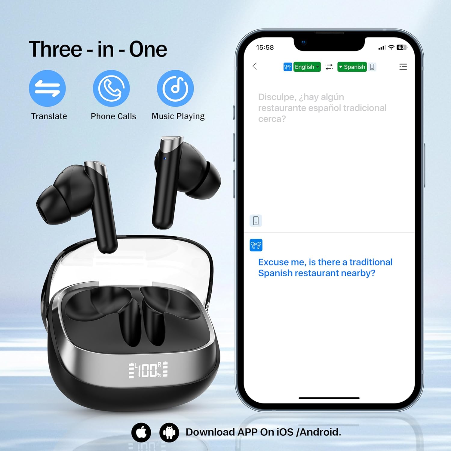 Earbuds with phone showing 3-in-1 functions