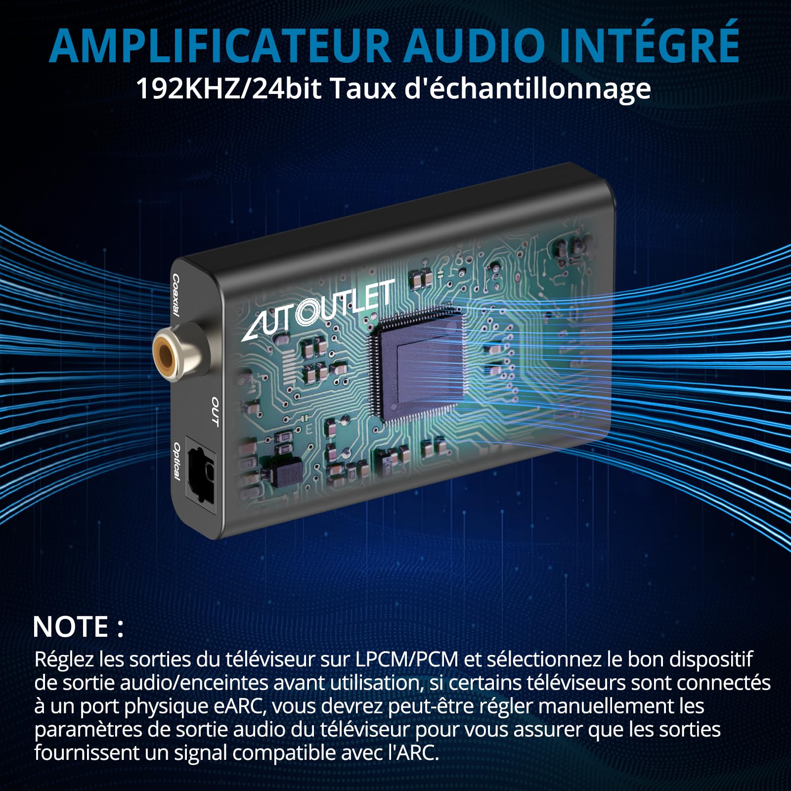 AUTOUTLET Extracteur Audio HDMI ARC 192 KHz, Adaptateur ARC 1M Optique, Répartiteur Audio pour Amplificateur Barre de Son Système H