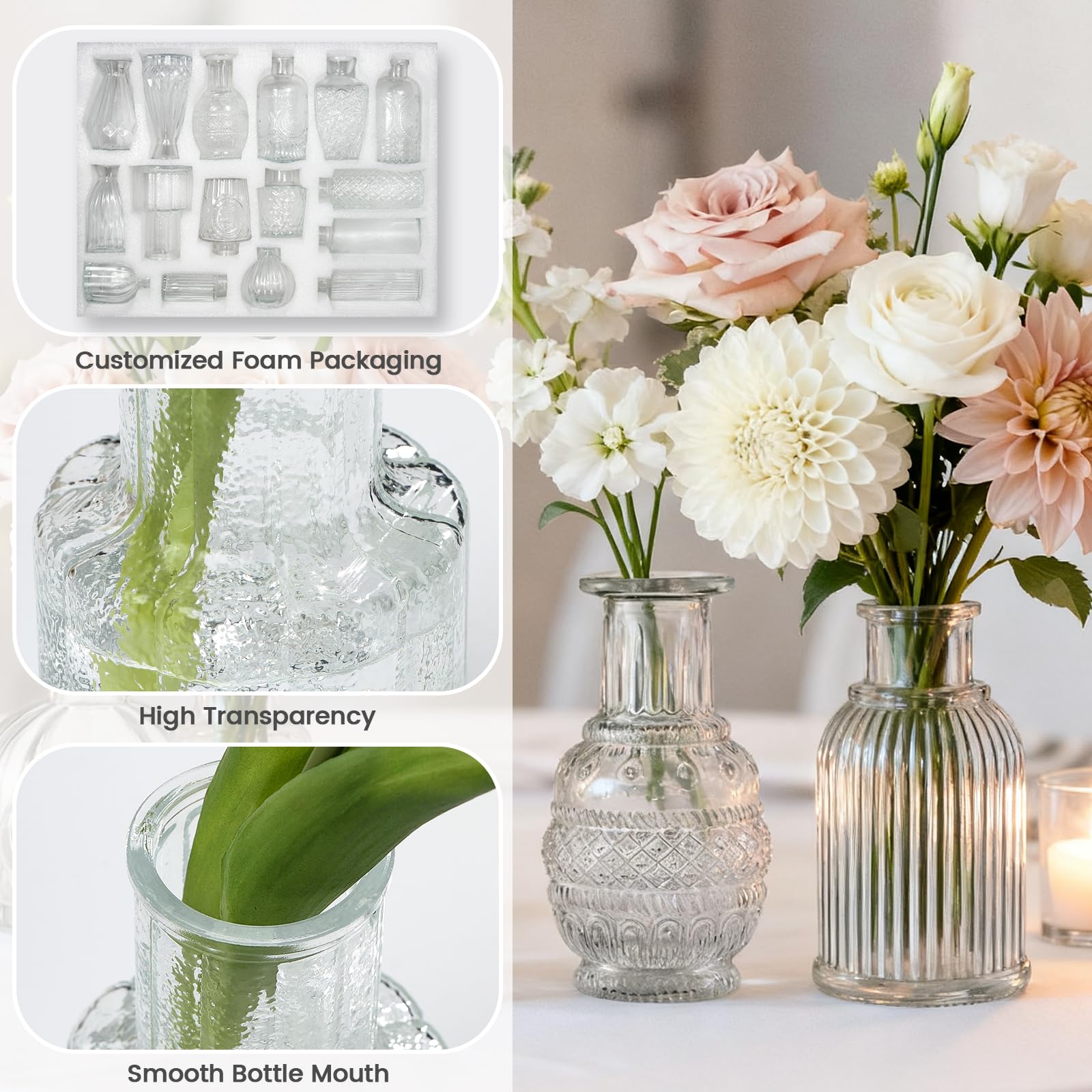 Lot de 33 vases à boutons, mini vases à fleurs pour centres de table, petits vases transparents pour fleurs pour décorations d'anniversaire, réception de mariage, décoration de maison
