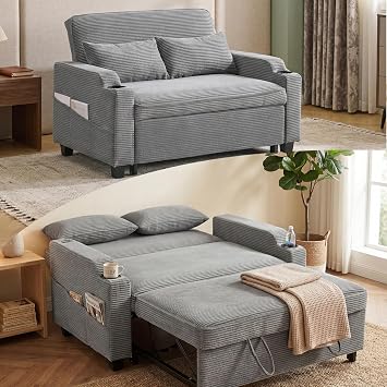Karl home 2 Seater Sofa Bed, Convertible Pull Out Sleeper CouchDark Grey | with Adjustable Backrest, USB & Type-C Ports, Cup Holders, Side Pockets, Metal Frame, Corduroy for Living Room, Guest Room