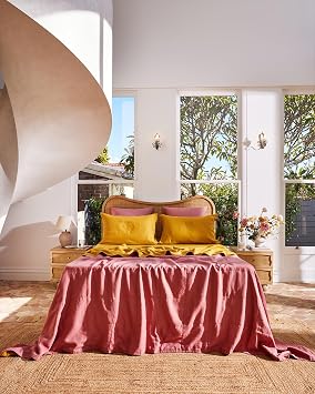 Bed Thread - Linen Quilt - 100% French Flax Linen & Rayon Derived from Bamboo - Square-Stitched - Soft & Eco-Friendly -Reversible Two-Tone Design -Machine Washable -King/Cali King -Pink Clay/Turmeric