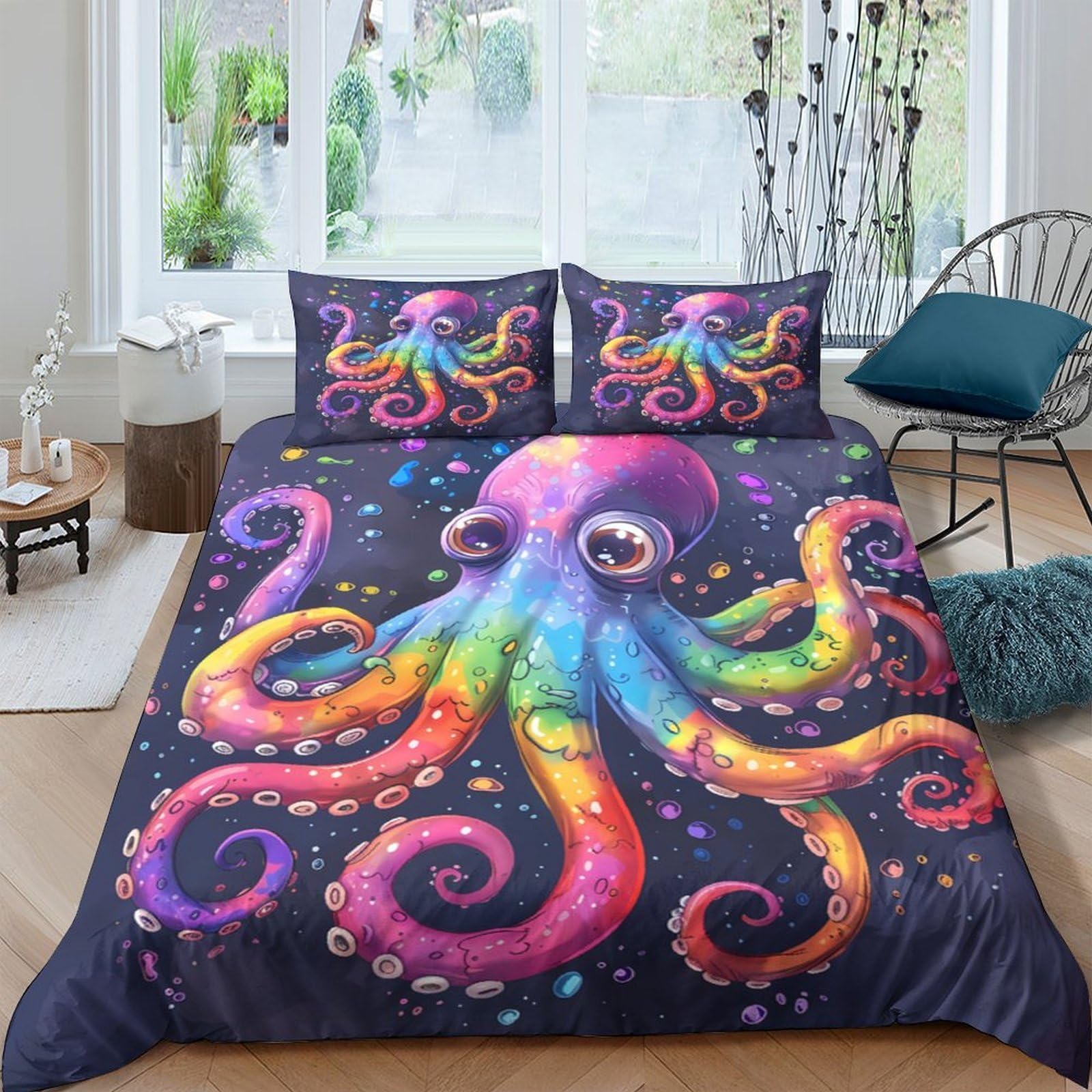 Ctjqhvkz Style-7 3D Printed Rainbow Octopus Fitted Sheet Microfiber Anti-Slip Colorful Sea Bed Cover For Bedroom Guest Room Decor Single（135X200cm）