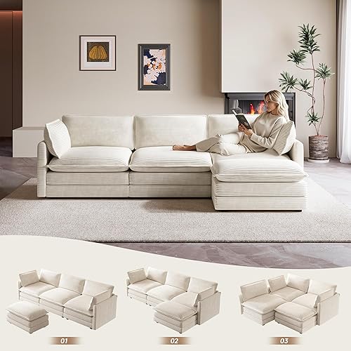 Miniatura 3 de Sofá modular moderno de 104 pulgadas para sala de estar, sofá de 4 asientos profundos con otomana móvil, sofá de pana en forma de L en color beige