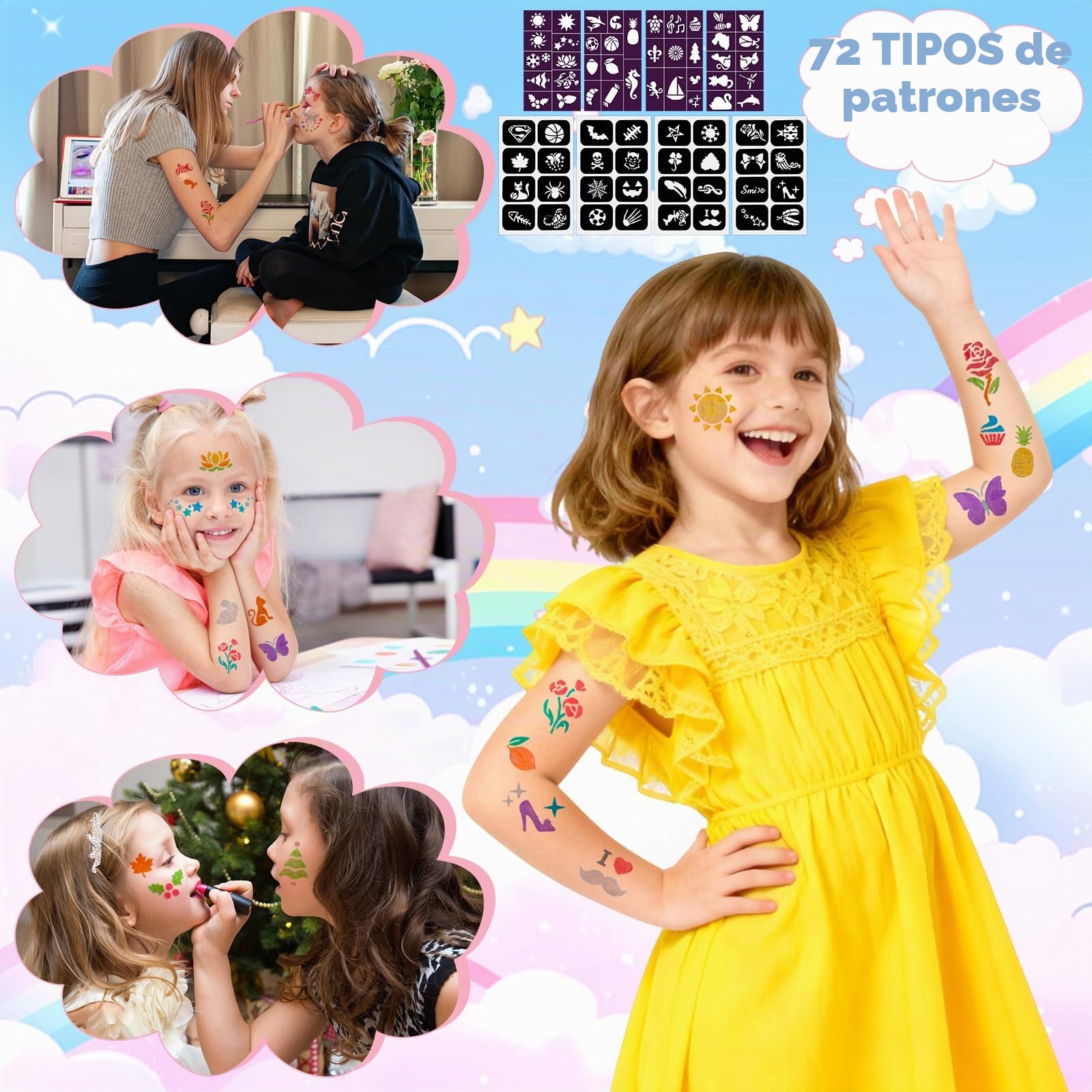 Rotuladores Tatuajes Niños, Kit Tatuajes Temporales Niños con 10 Rotuladores Purpurina y 72 Tatuajes Plantillas, Rotuladore Doble Punta Lavables, para Carnaval Halloween Cumpleaños