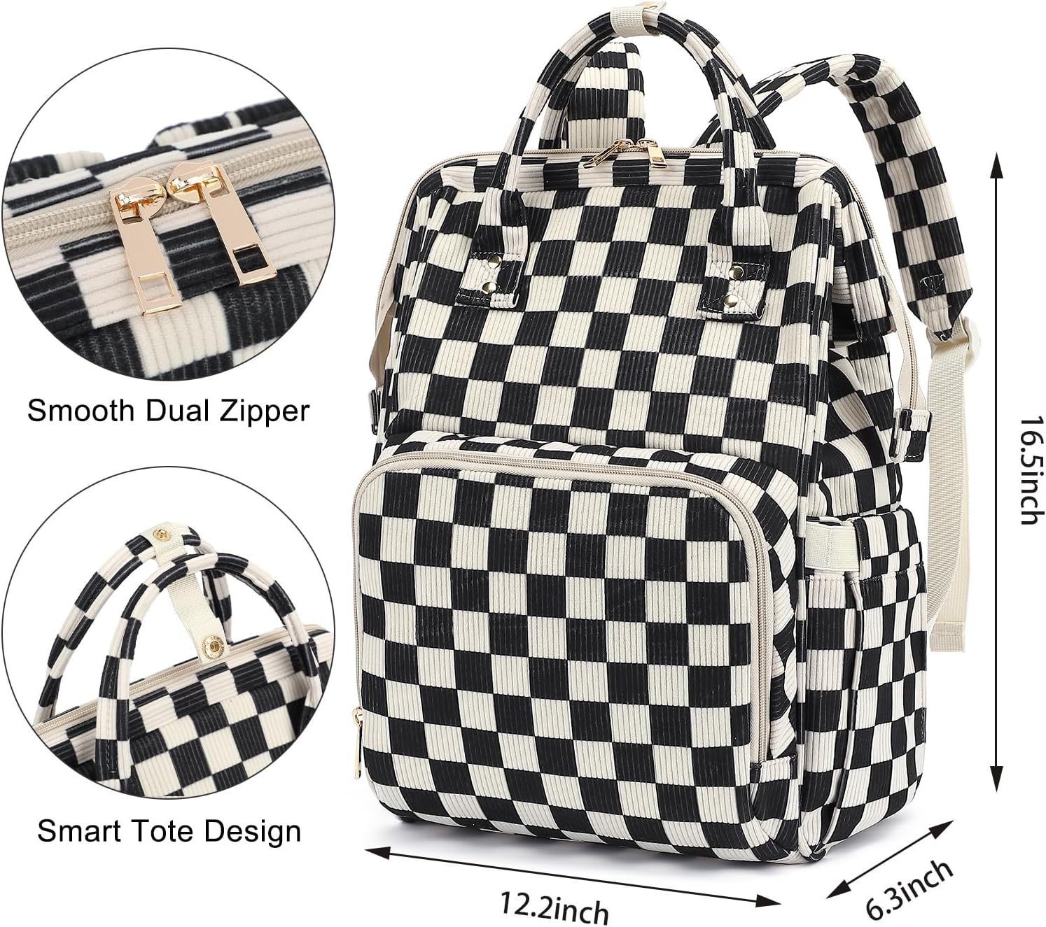 Laptop Backpack for Women, Corduroy College School Backpack Bookbag 15.6 inch Business Computer Travel Backpack (Checkered Black) - Image 5