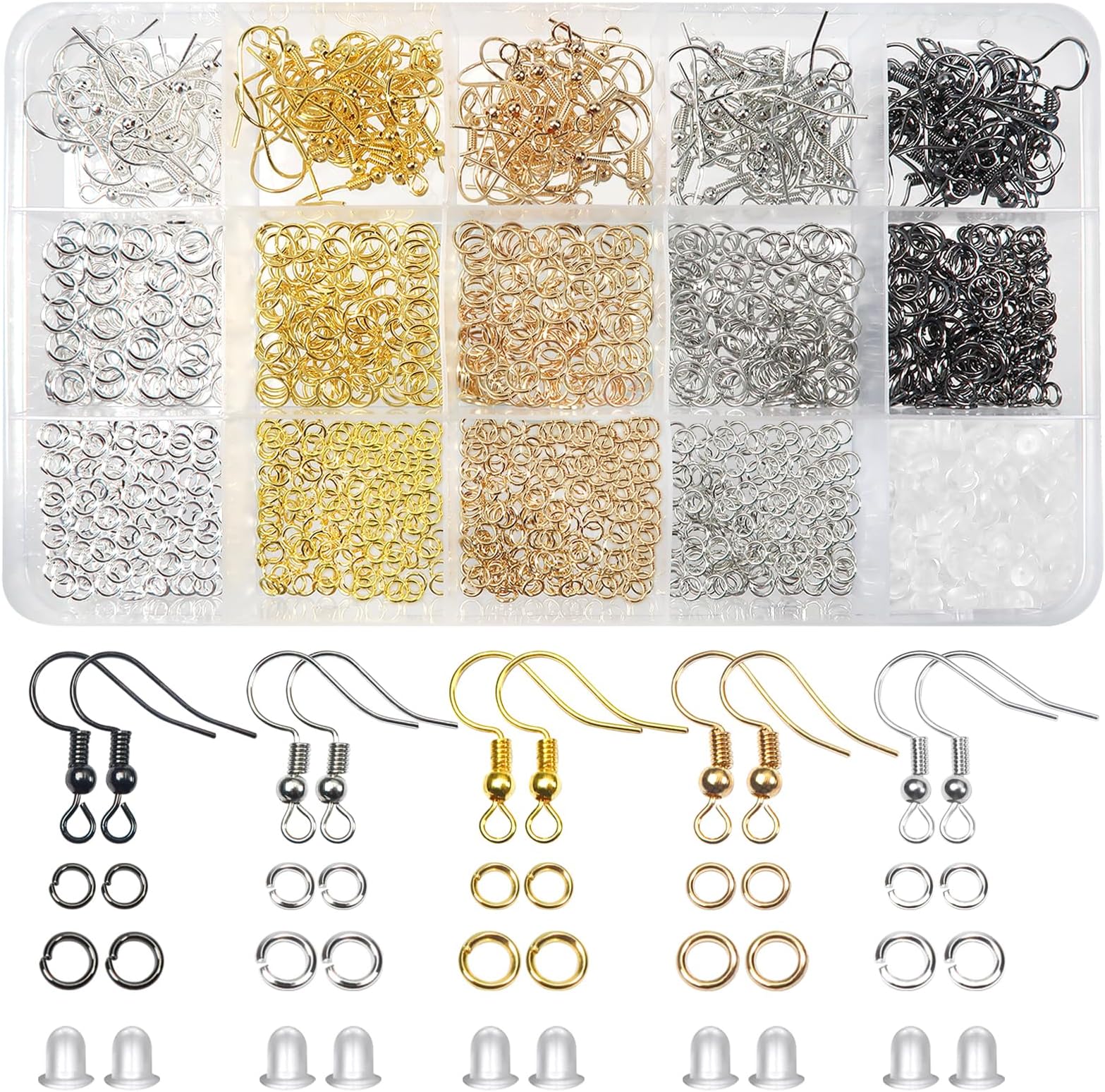 TOAOB 150pcs 5 Colors Earring Hooks Kit Hypoallergenic Ear Wires and 1000pcs Jump Rings 200pcs Earring Backs for Earrings Making Jewelry Making Findings