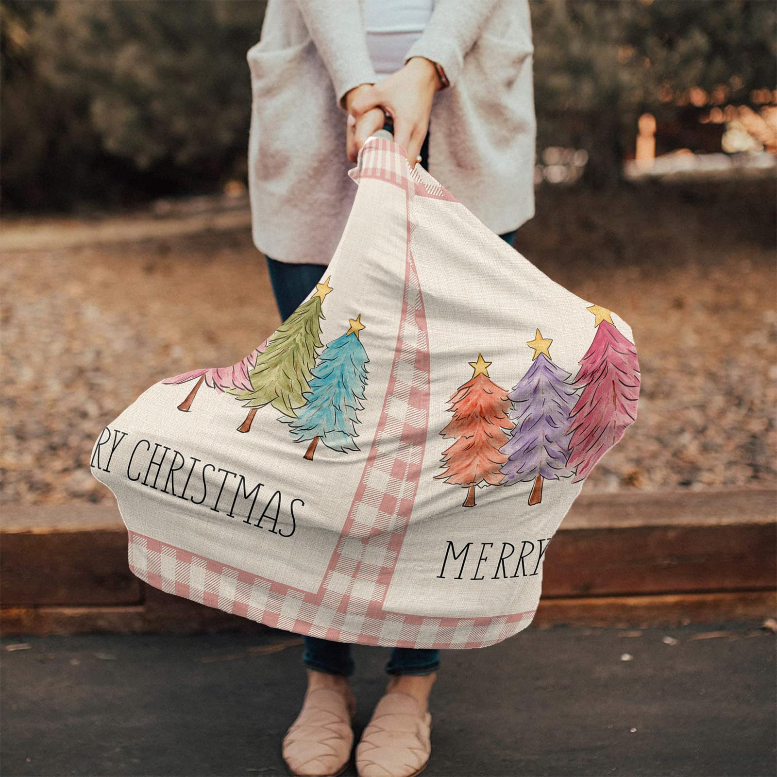 Nursing Cover for Breastfeeding Scarf, Merry Christmas Hand Drawn Colored Xmas Tree Baby Car Covers Super Soft Multi Use for Canopy Shopping Cart Cover Blanket Stroller Cover