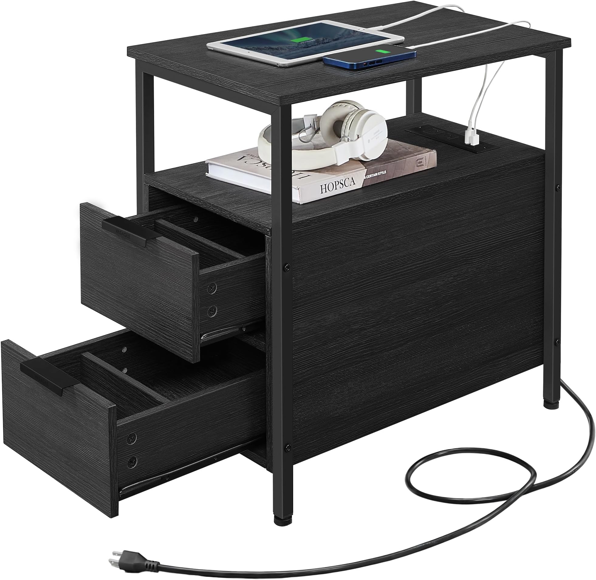 Side End Table with Charging Station, Slim Nightstand with 2 Drawers, Narrow Bedside Table for Living Room, Small Spaces, Charcoal Gray and Ink Black ULET321B22