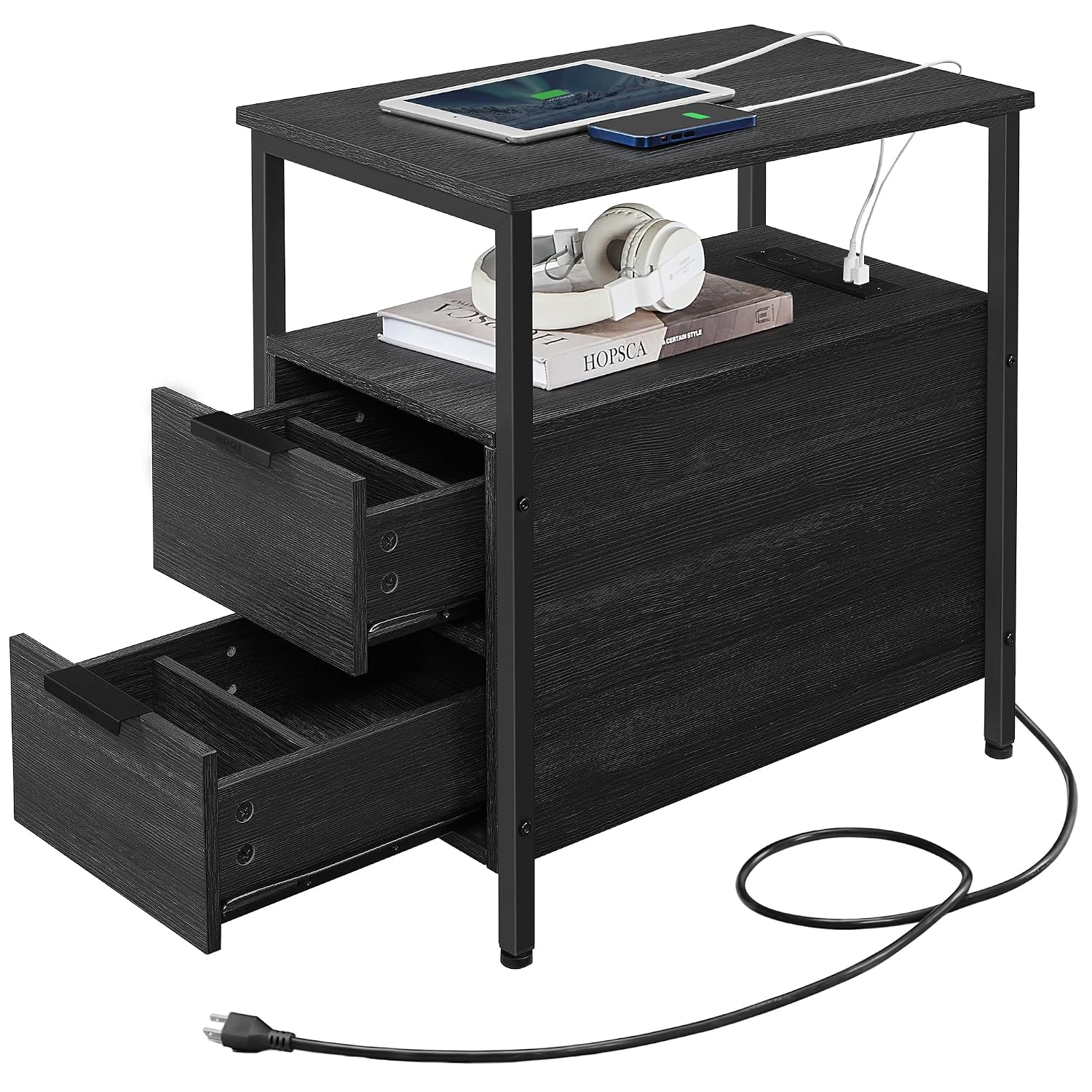 VASAGLE Side Table with Charging Station, Narrow End Table with 2 Drawers, Slim Nightstand and Bedside Table with Storage,... - Review, Price and Buying Guide
