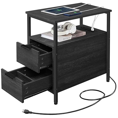 VASAGLE Side Table with Charging Station, Narrow End Table with 2 Drawers, Slim Nightstand and Bedside Table with Storage, for Small Spaces, Black ULET321B22 - Black