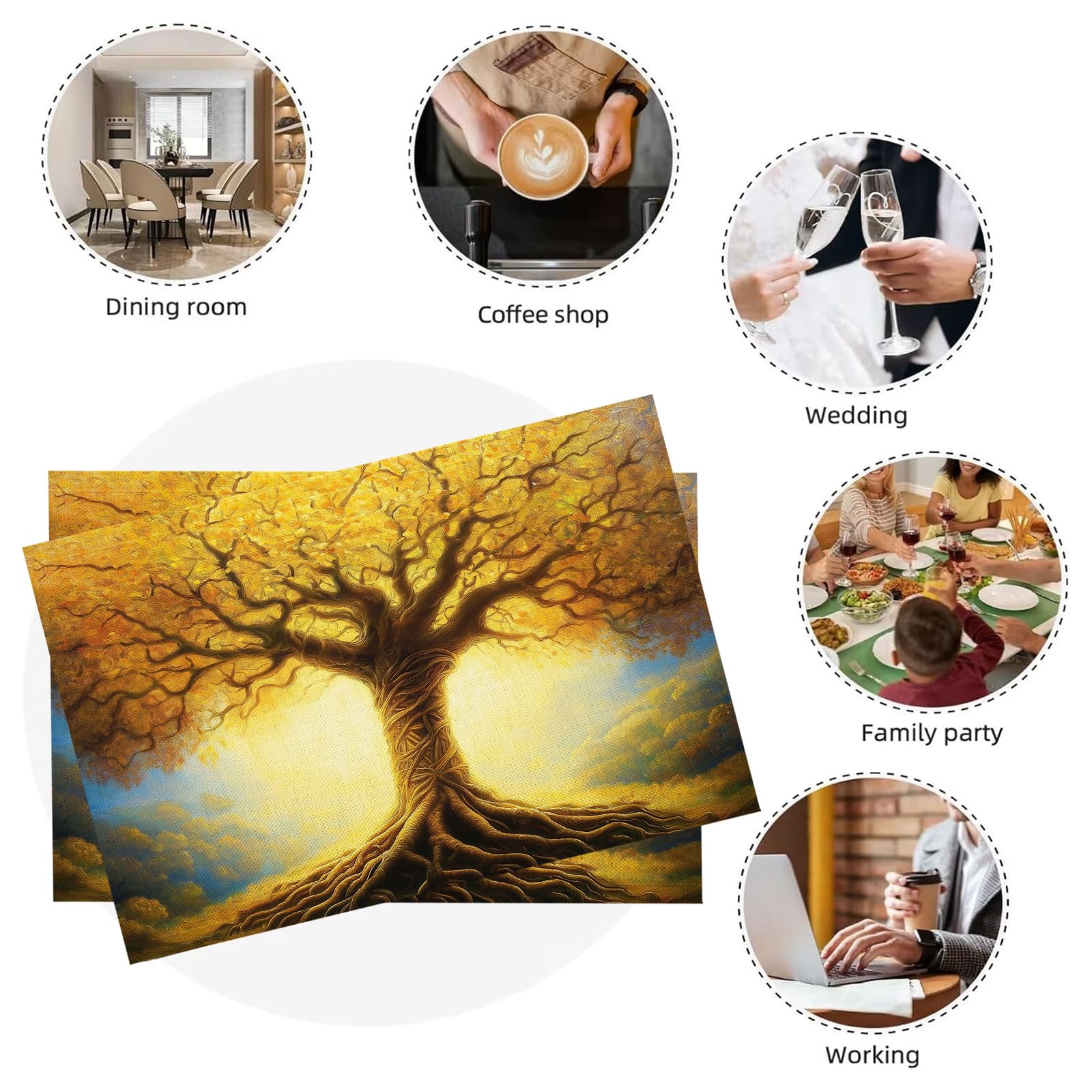 8 Pezzi Tovagliette Americana Paesaggio autunnale - Tovaglietta Americane in Cotone e Lino Albero d'oro Lavabili Sottopiatto per Sala da Pranzo Tavolo da Cucina 45 ×30 cm