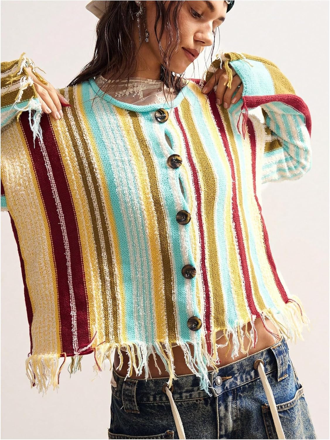 WDIRARA Women's Striped Cardigan Sweaters Fringe Long Sleeve Button Down Knit Outerwear - Image 4