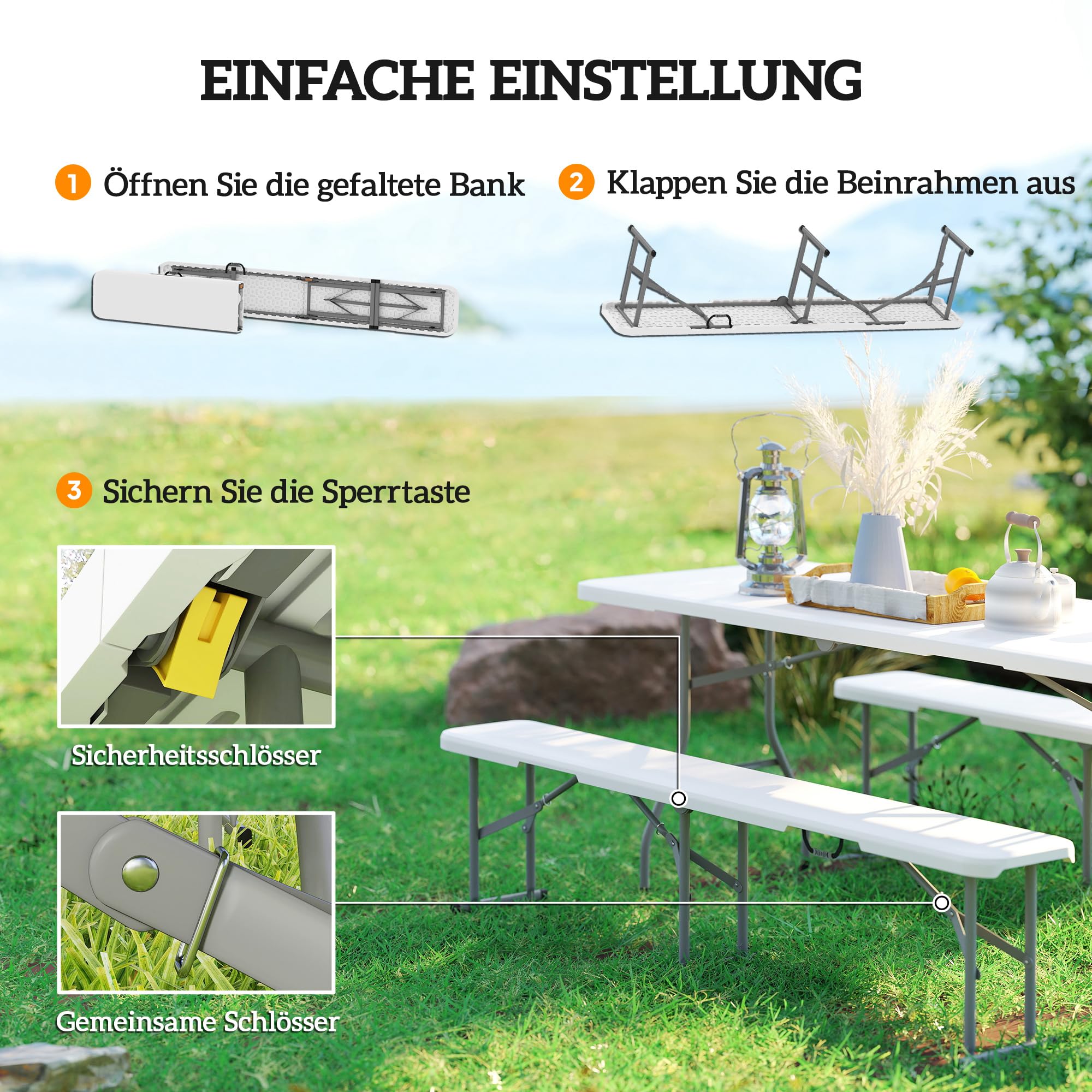 Outsunny Bierbank 2er 8 Personen 182cm Klappbar mit Tragegriff Weiß