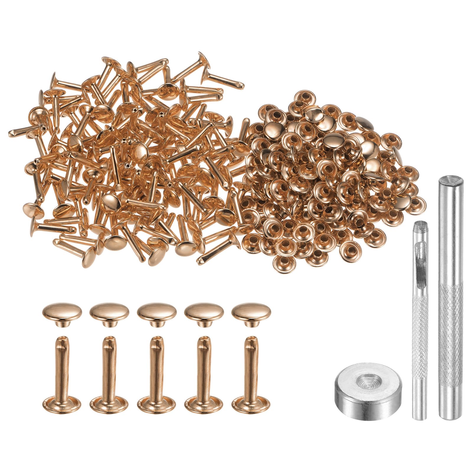 HARFINGTON 100 Sets Leather Rivets 9mm x 16mm Metal Double Cap Rivet Snaps Studs Fasteners with 3pcs Setting Tools Rivets for Leather Craft DIY Repair Decoration, Light Gold Tone
