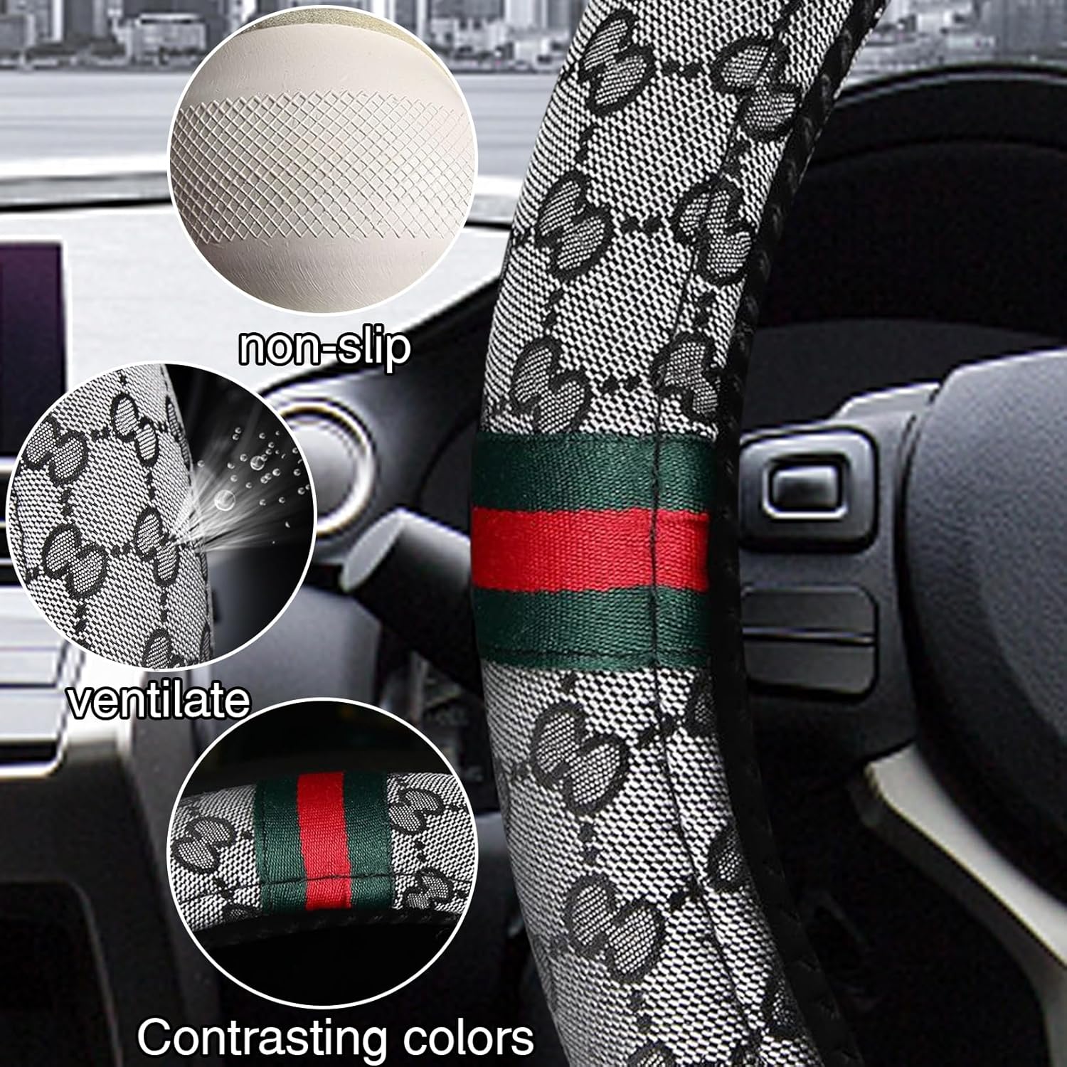 5PCS Steering Wheel Cover, with 2 Headrests, 2 Seat Belt Covers - Universal Fit for 14.5-15" Steering Wheel, Enhances Driving Experience - Perfect for Women (Gray)