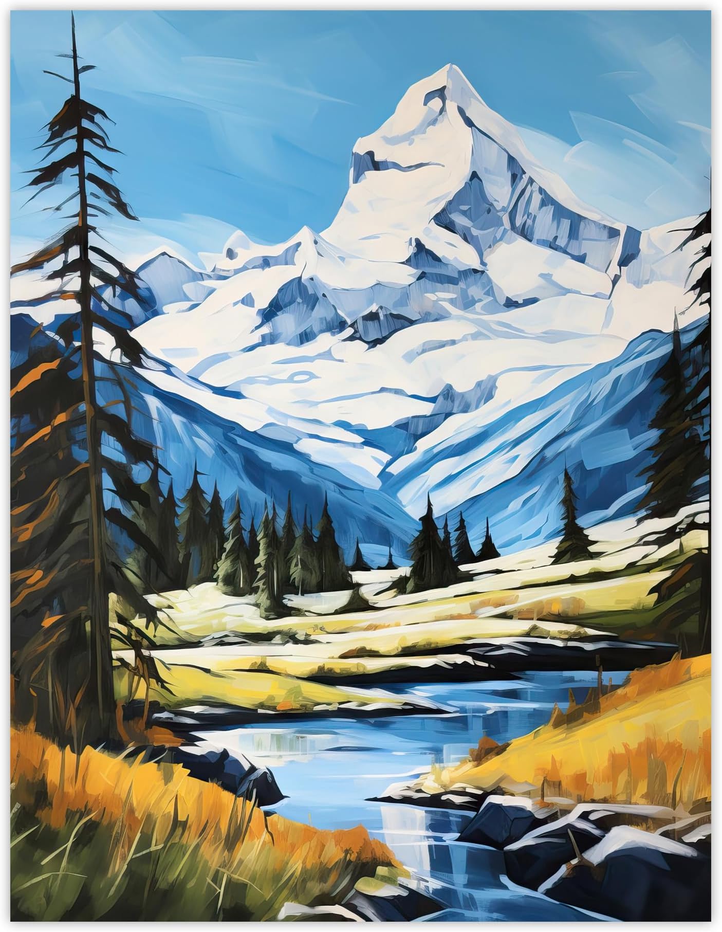 Artery8Swiss Alps Oil Painting Switzerland Snow Capped Peaks And River In Idyllic Alpine Meadow Extra Large XL Wall Art Poster Print