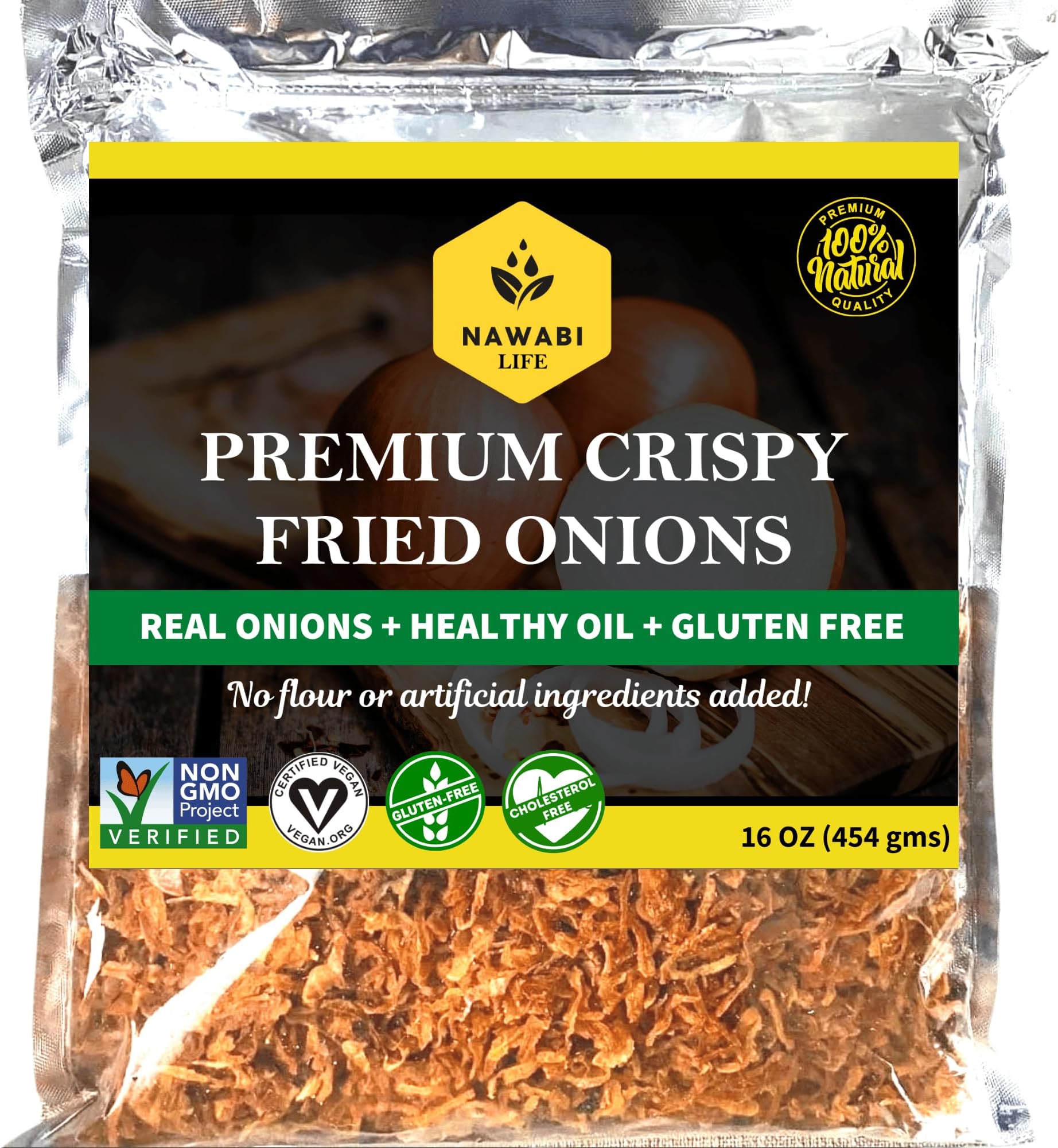 Crispy Fried Onions | 100% Natural (Non-GMO) | Gluten Free | KETO Friendly | No Sodium | Low Carb | Resealable Bag | 16 oz | By Nawabi Life