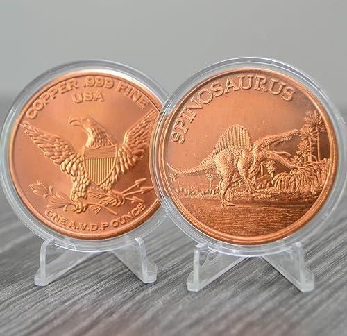 Miniatura 2 de Spinosaurus Dinosaur Moneda de desafío de 1 oz de cobre puro .999 de 1.535 in en cápsula - COA por Heavenly Metals