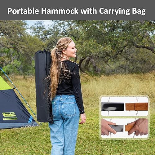 Miniatura 56 de SUNCREAT Hamaca portátil para exteriores con soporte, hamaca resistente con bolsa de transporte, almohada suave, cuerdas de equilibrio, azul oscuro