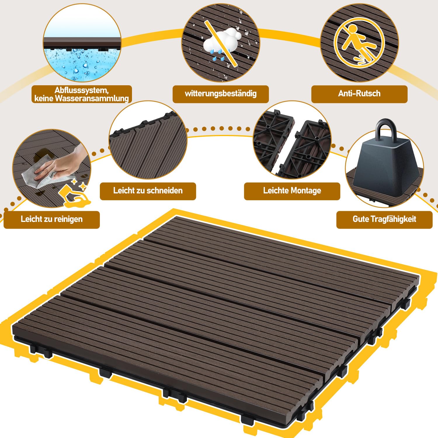 Baldosas para terraza de WPC, 30 x 30 cm, resistentes al agua y antideslizantes, juego de 22 para azulejos de balcón de 2 m², terraza con drenaje y sistema de clic, fácil de colocar, café