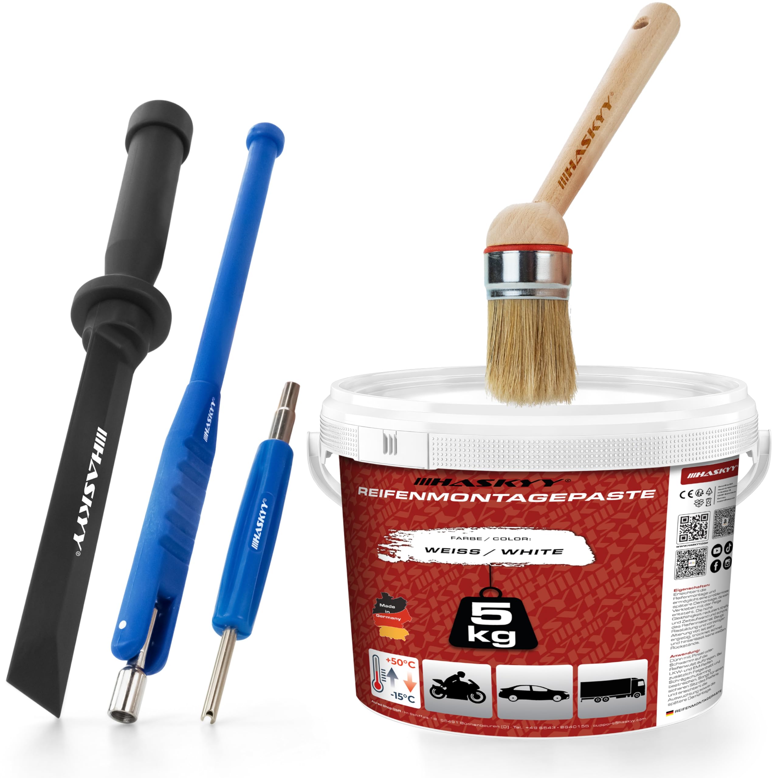 HASKYY Reifenmontage Set Montagepaste 5 kg Weiß mit Pinsel 22cm, Ventileindreher, Reiniger Schaber und Ventileinzieher - Universal Set ideal für Reifen Montage- & Demontage