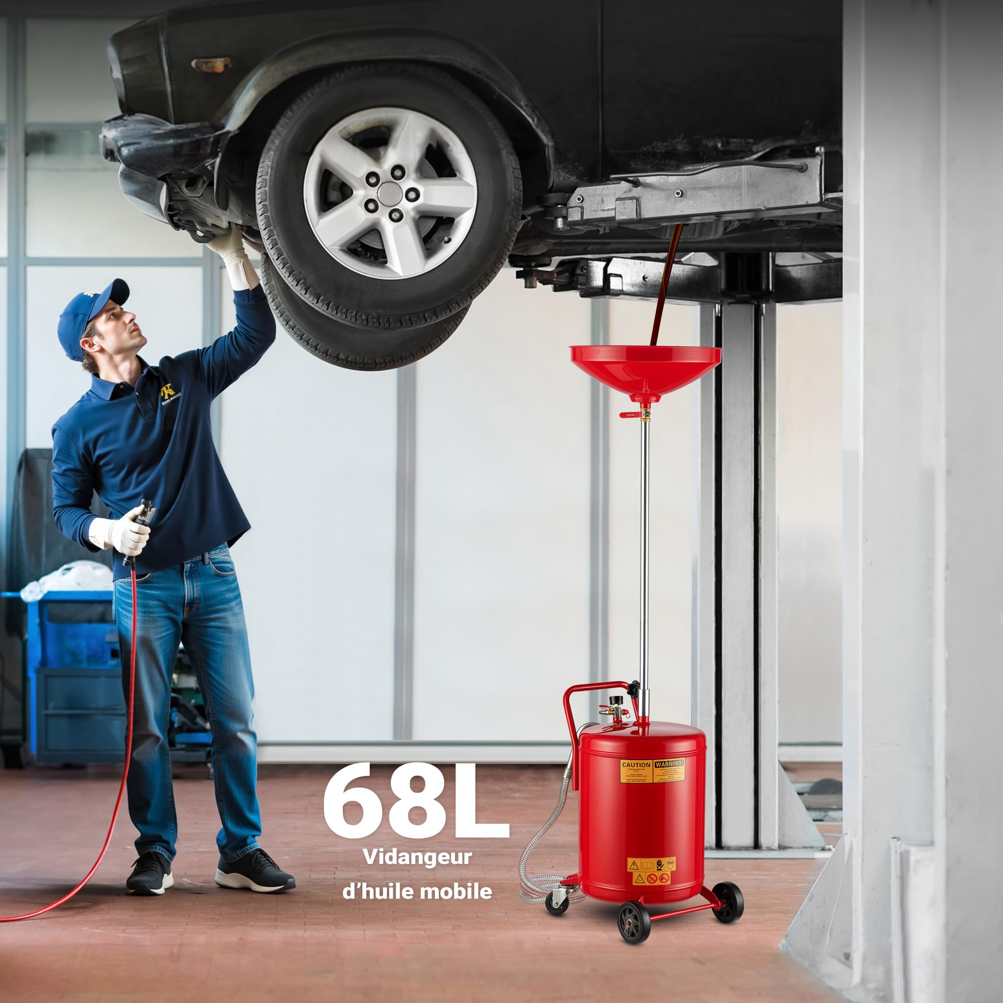 Wiltec Appareil Récupérateur d’huile Pneumatique Rouge Réservoir 68 L Hauteur réglable 98-157cm 4 Roues Vidange Huile usagée Chariot Récupération Huiles Nettoyage Accessoires Atelier Garage Automobile