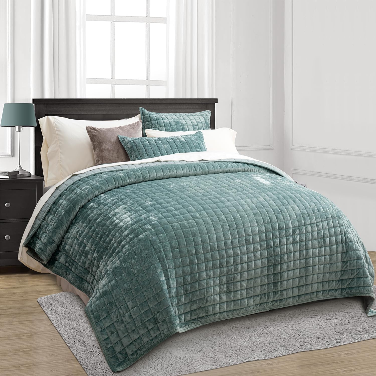 RECYCO Luxury Velvet Quilt Set Full Queen Size, Lightweight Velvet Comforter Set, Oversized Bedspread Coverlet Quilted Bedding Set, with 2 Matching Pillow Shams, for All Season, Aqua Green - Image 8