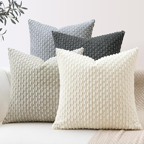 OTOSTAR Juego de 4 fundas de cojín decorativas de pana suave neutra de 16 x 16 pulgadas, fundas de almohada cuadradas a rayas bohemias para sofá,