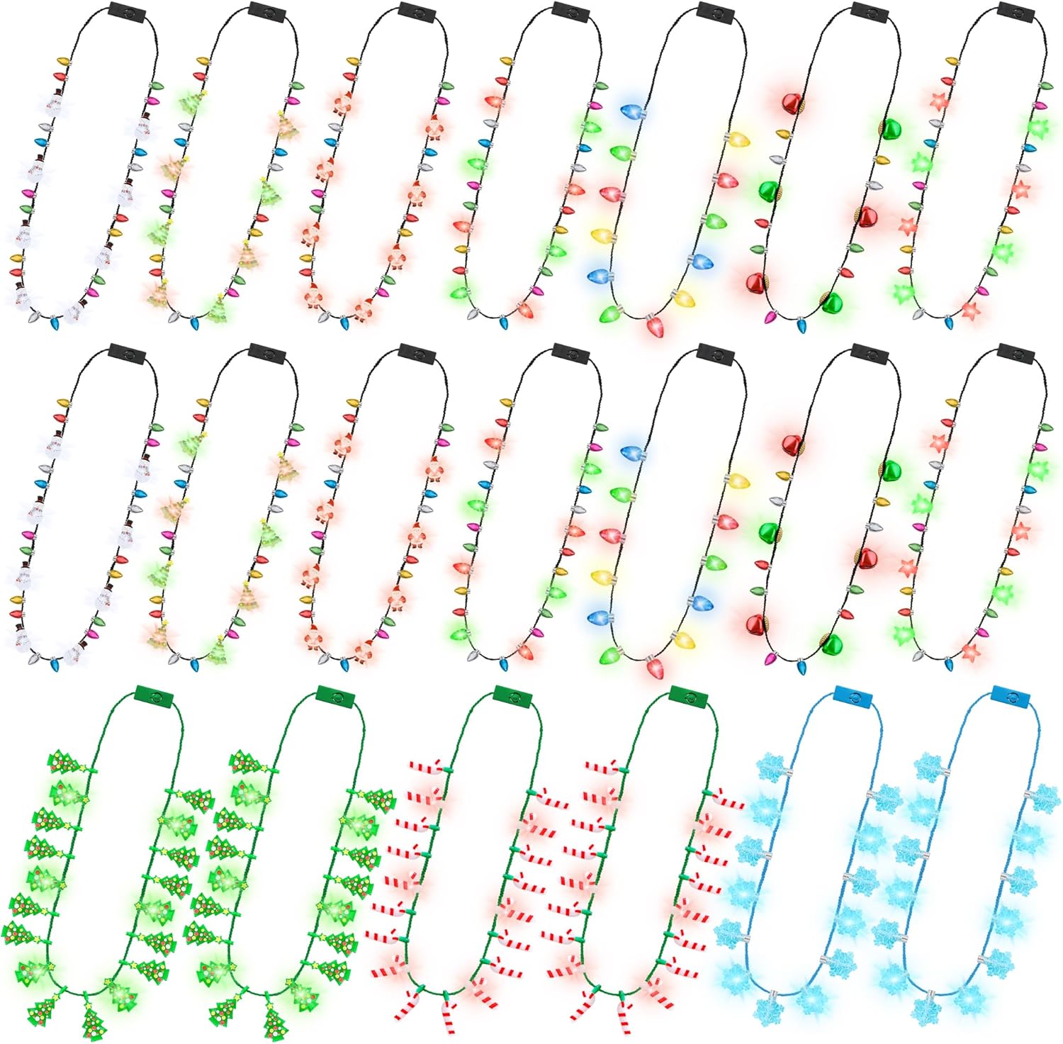 20 PCS Light up Christmas Necklaces, Xmas Party Accessories of 10 Kinds, 3 Glow Modes Christmas Light Necklace party Favors, Multi-color Xmas Light Necklace for FestiveTheme Ugly Sweater Supplies