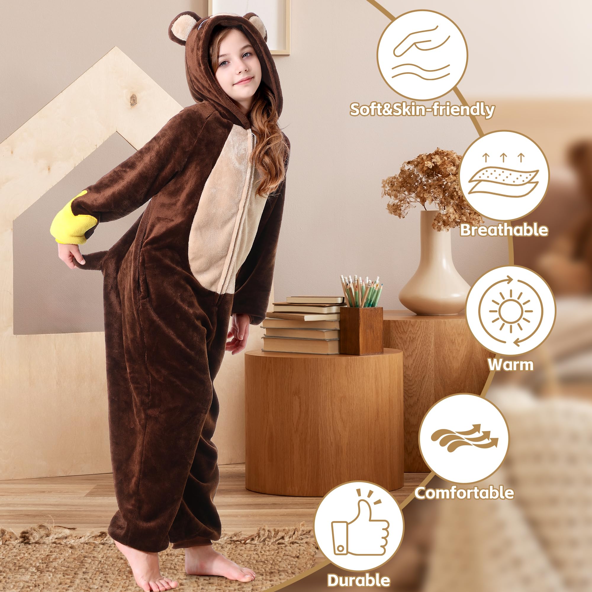 Tuta intera costume animale per bambini, modelli mucca, procione e orso con guanti e campanello, tuta cosplay Halloween per maschi e femmine (Orso, 4-5 Anni)