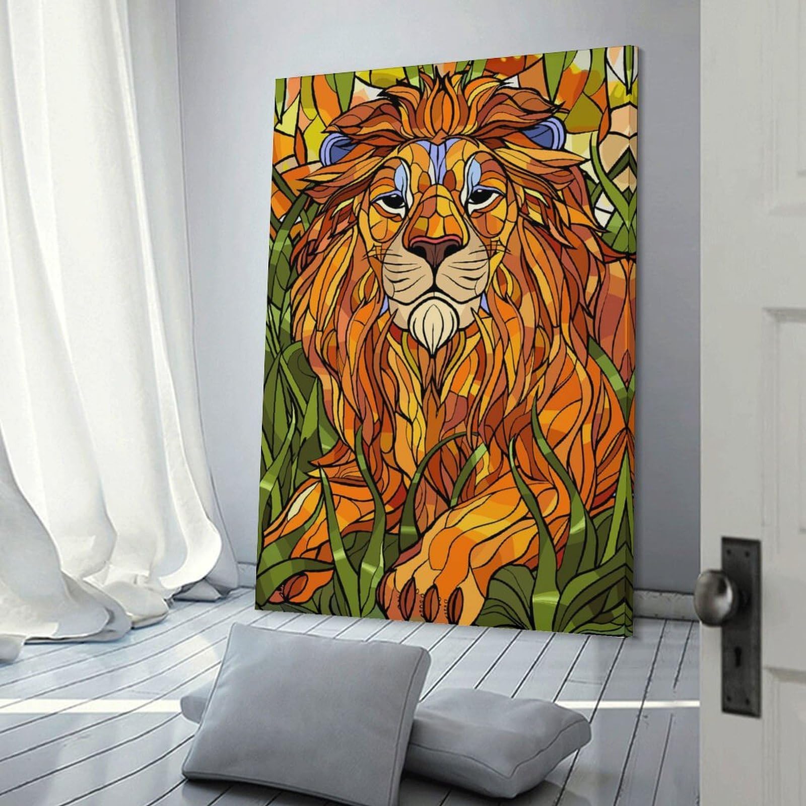 Junmoney Stained Glass Lion in Tall Grass Wall Picture Print 08x12inch(20x30cm), for Bedroom Decor, Cosy Corners Or Studios, Home Artwork with A Soft Interior Feel