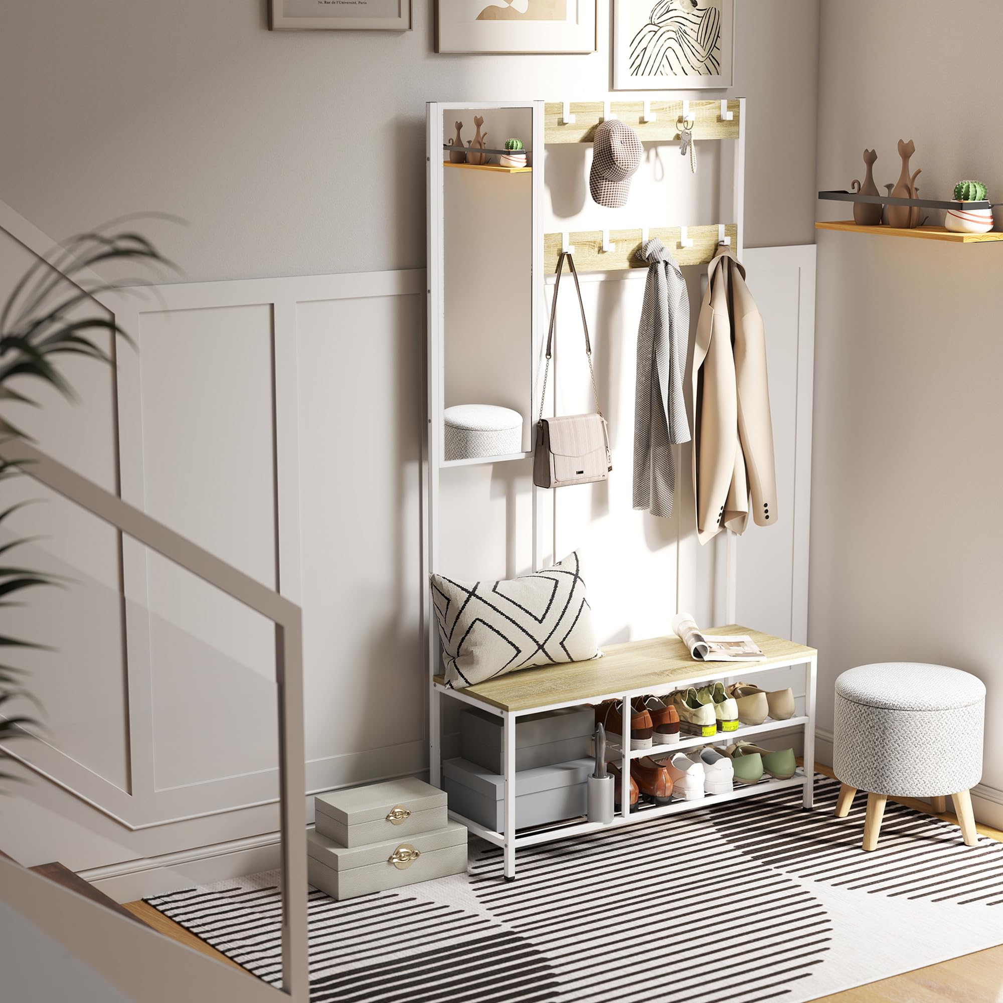HOMCOM Perchero Zapatero con Espejo, 4 en 1, 98x34x186 cm, Madera Natural | Perchero Entrada Recibidor, 3 Estantes, Banco, 10 Ganchos Ajustables, Estilo Moderno, para Pasillo, Dormitorio, Salón