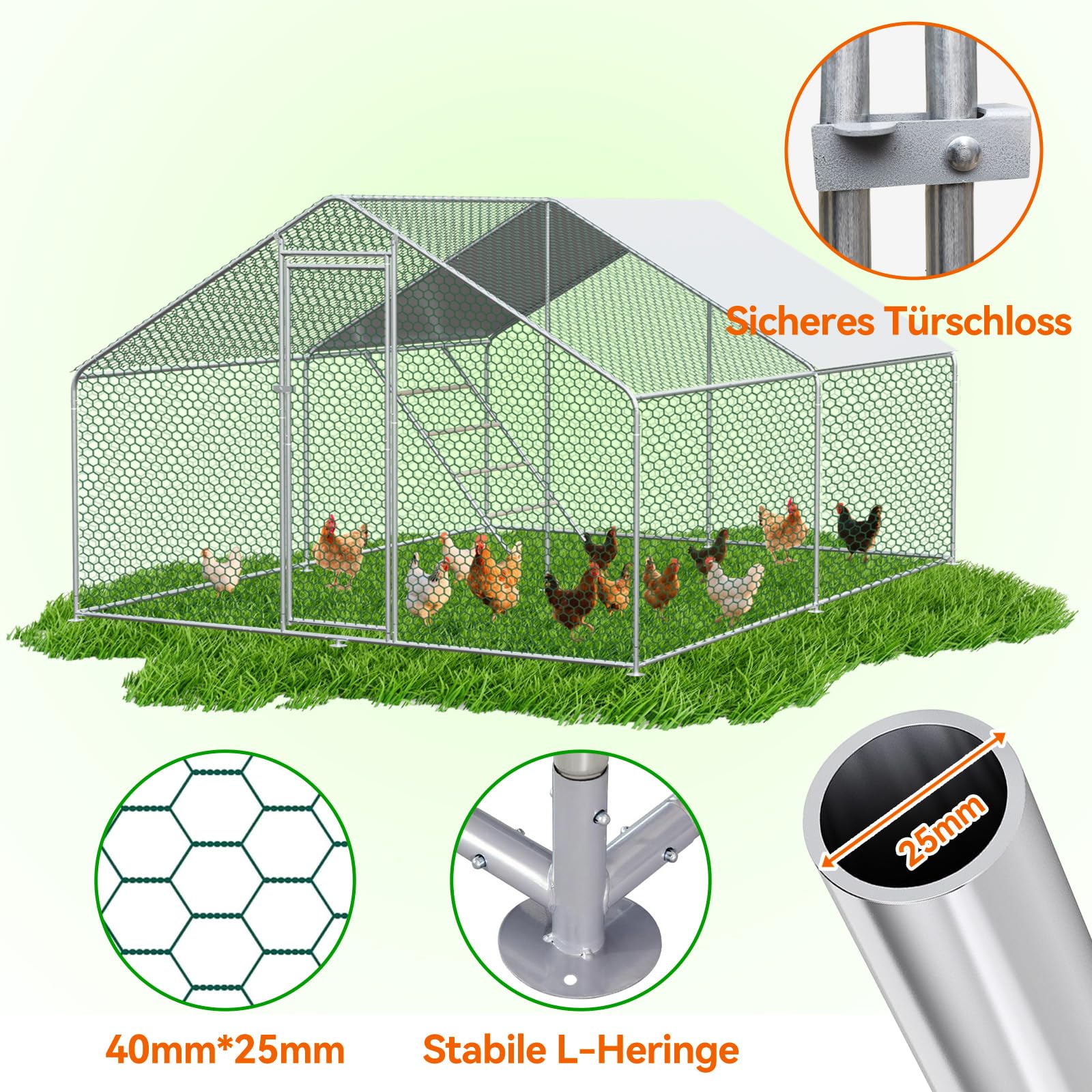 Hühnerstall mit Leiter, 3 x 4 x 2 Meter, Verzinkter Stahl, Freilaufgehege Tiergehege für Hühner Hasen, Kleintiergehege mit Obere Stützstange, Sonnenschutzdach und Tür für Hühner Ente Kleintiere
