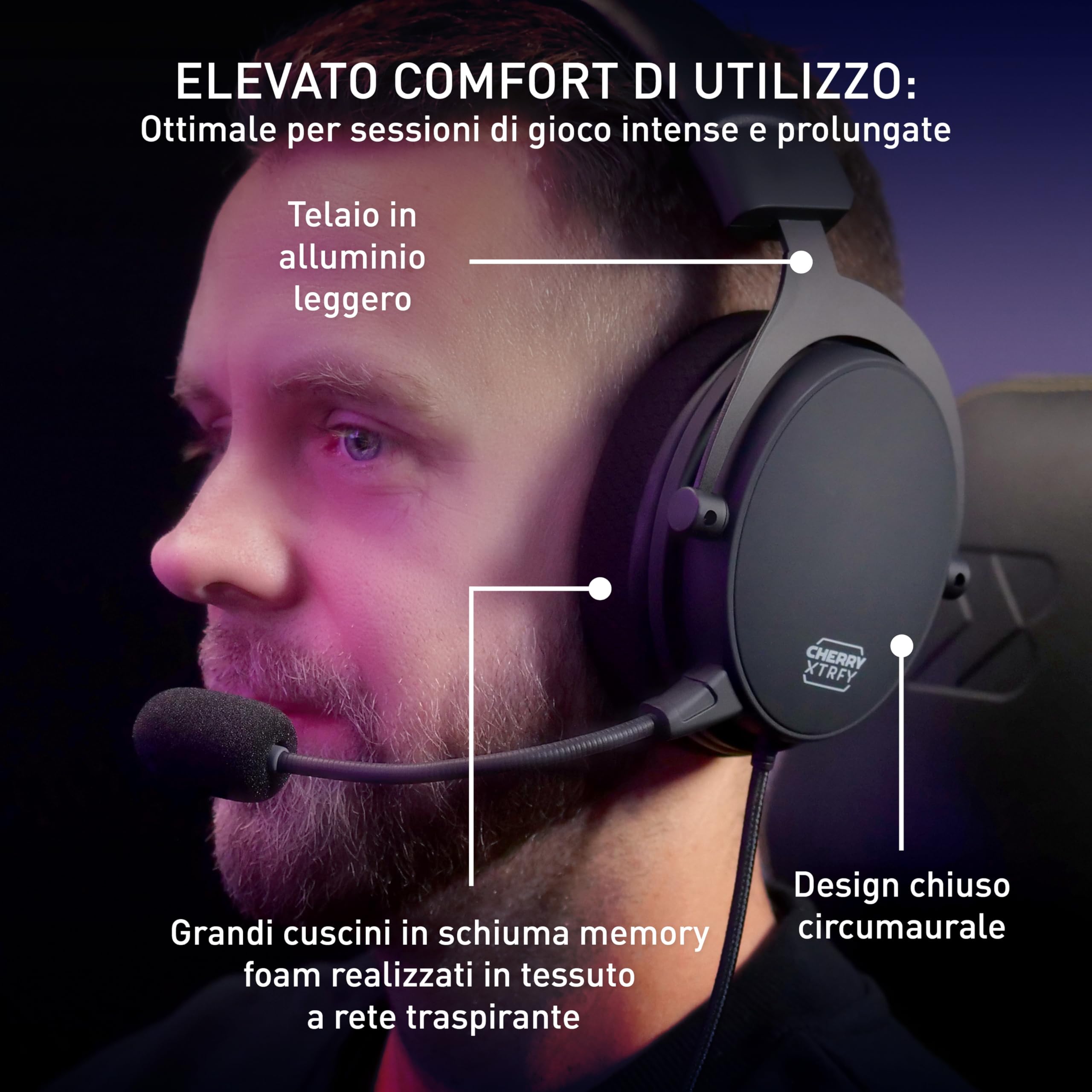 CHERRY XTRFY H2, Cuffie Da Gioco Professionali, Ottimizzate Per Gli Esports, Grandi Cuscinetti Auricolari Con Memory Foam, Microfono Rimovibile, Cablato, Nero