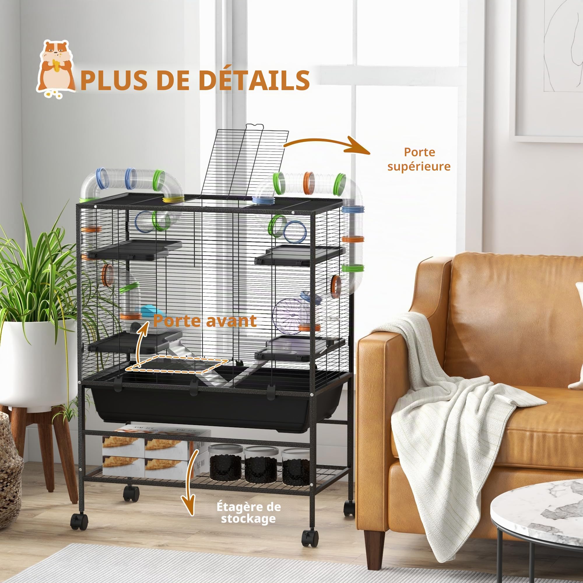 PawHut Grande Cage Hamster avec Roue pour Hamster syrien Noir | Tubes, étagère de rangement, rampes, roue de course, bol nourriture, biberon