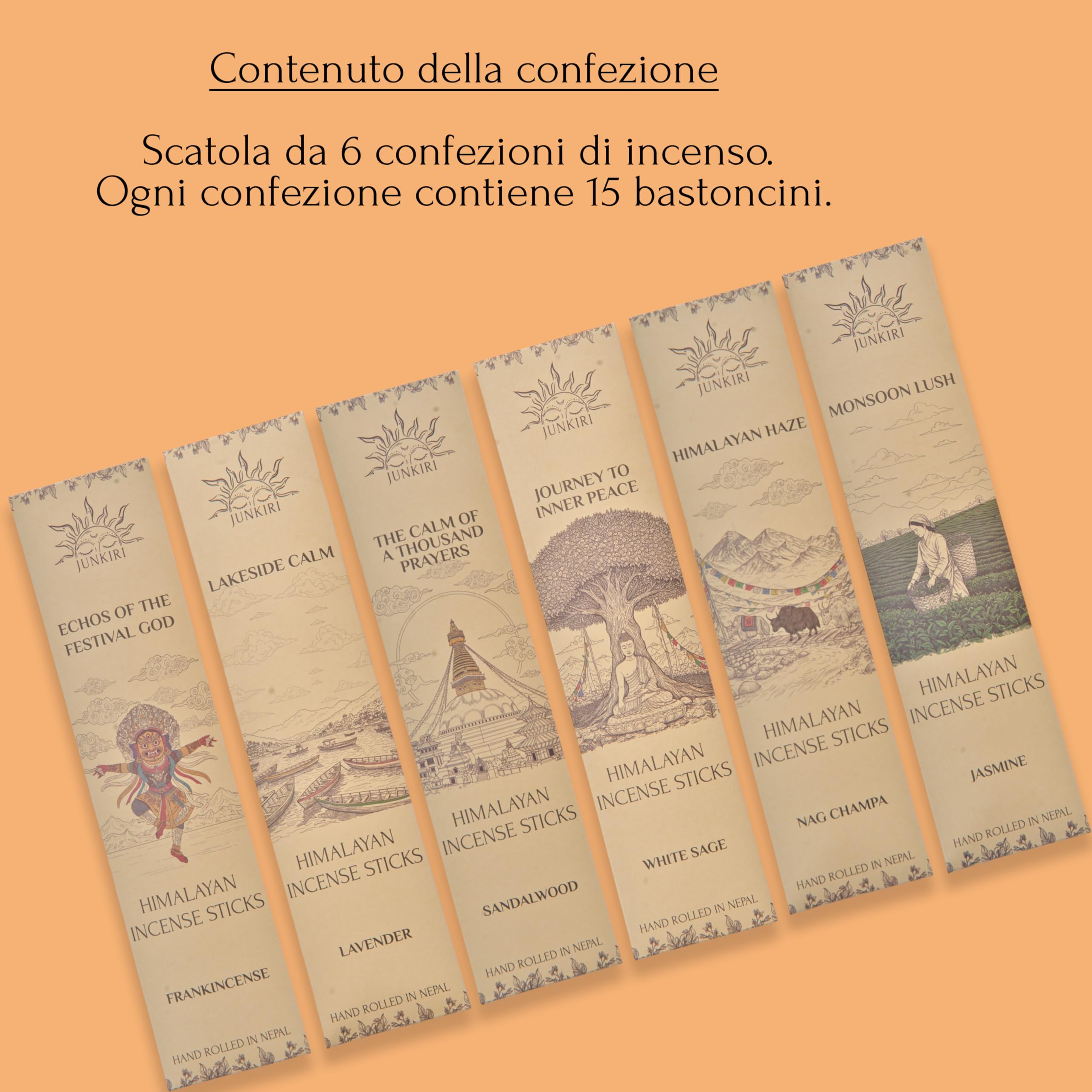 Incenso Nepalese Fatto a Mano, Set di 6 fragranze, 90 bastoncini, Nag Champa, Lavanda, Sandalo, Gelsomino per meditazione, guarigione, aromaterapia, relxazione, vibrazioni positive, incenso Himalayano