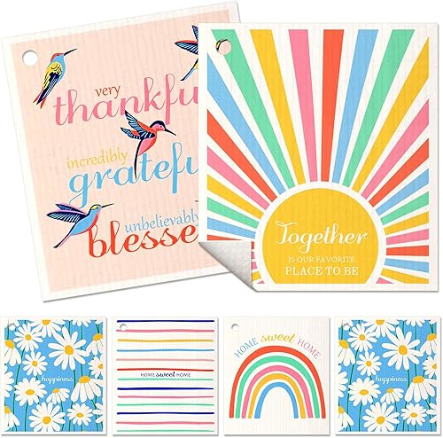 Paquete de 6 paños suecos para cocina, paños suecos reutilizables para lavar platos, toallas suecas de secado rápido, lindos y divertidos, lavables,