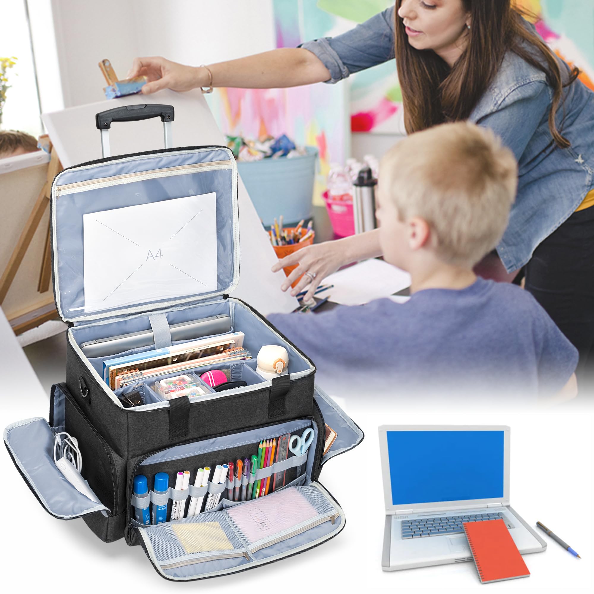 CURMIO Sac de Travail pour Enseignant, Mallettes à roulettes pour Ordinateur Portable 14'', Sacoche Trolley Multifonction pour l'enseignement, Le Bureau, l'artisanat, Noir