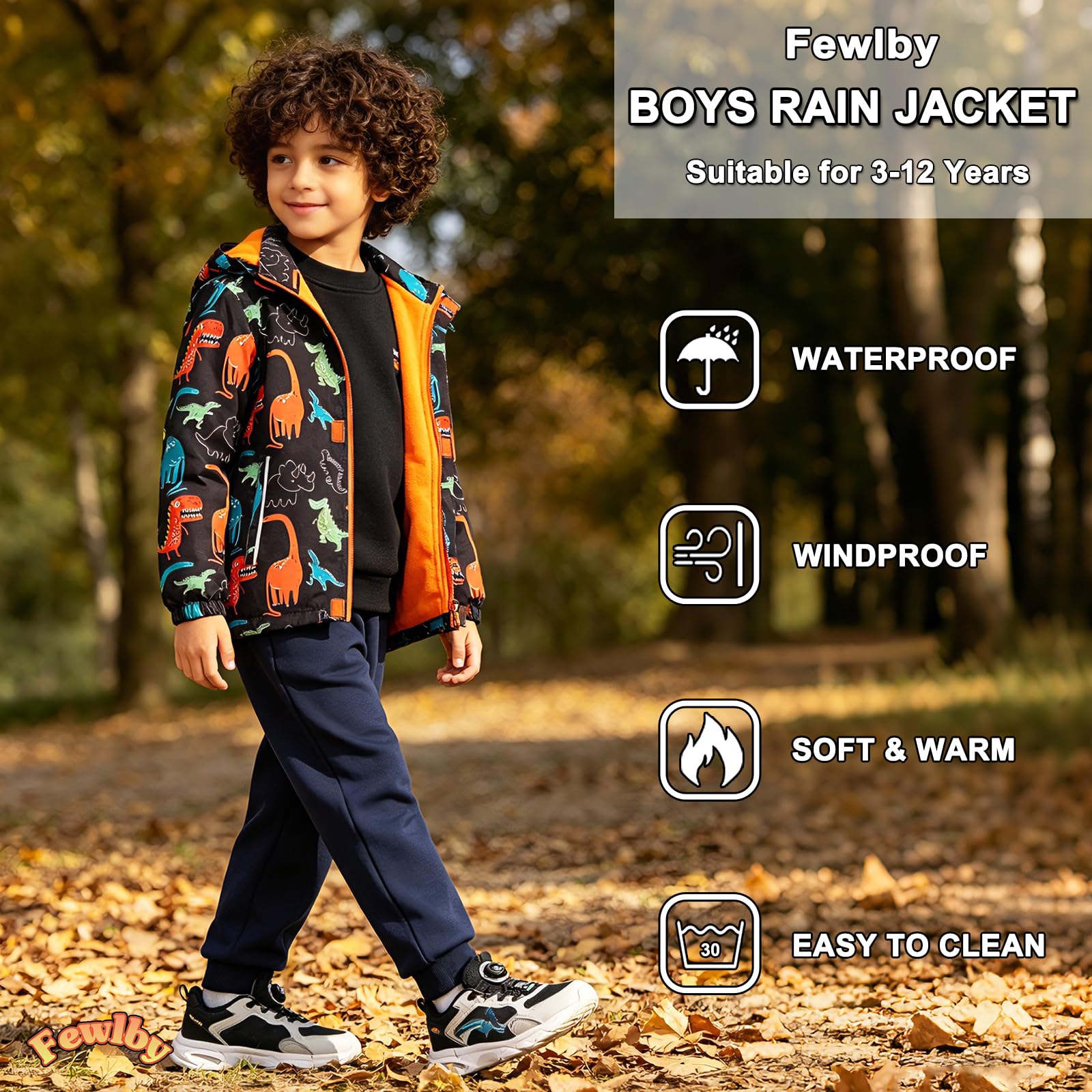 Fewlby Jungen Regenjacke, Kapuzen Outdoor Wasserdichte Jacke, Softshelljacke Fleecefütterung Übergangsjacke Gefütterte Regenjacke Kinder Regenmantel mit Kapuze, 3-4 Jahre