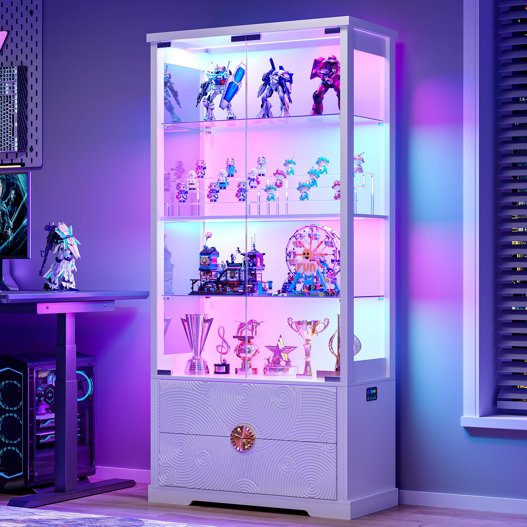 TAGELIER Display Cabinet with Glass Doors and RGB LED Lights, 2 Drawers