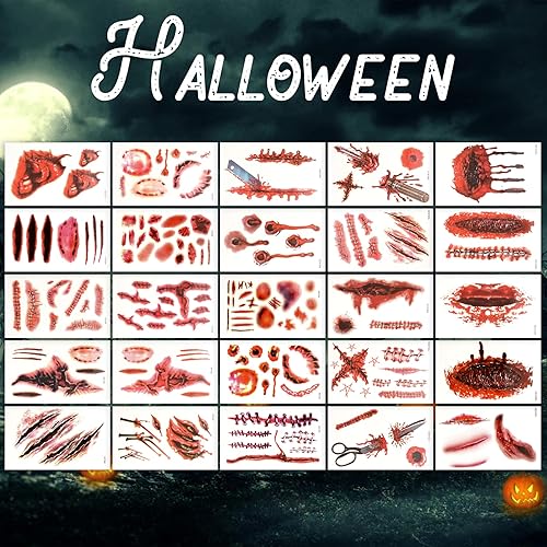 Miniatura 3 de 25 hojas de tatuajes temporales de zombi de Halloween, tatuajes de sangre falsa de tamaño grande, impermeables, realistas, puntadas para heridas